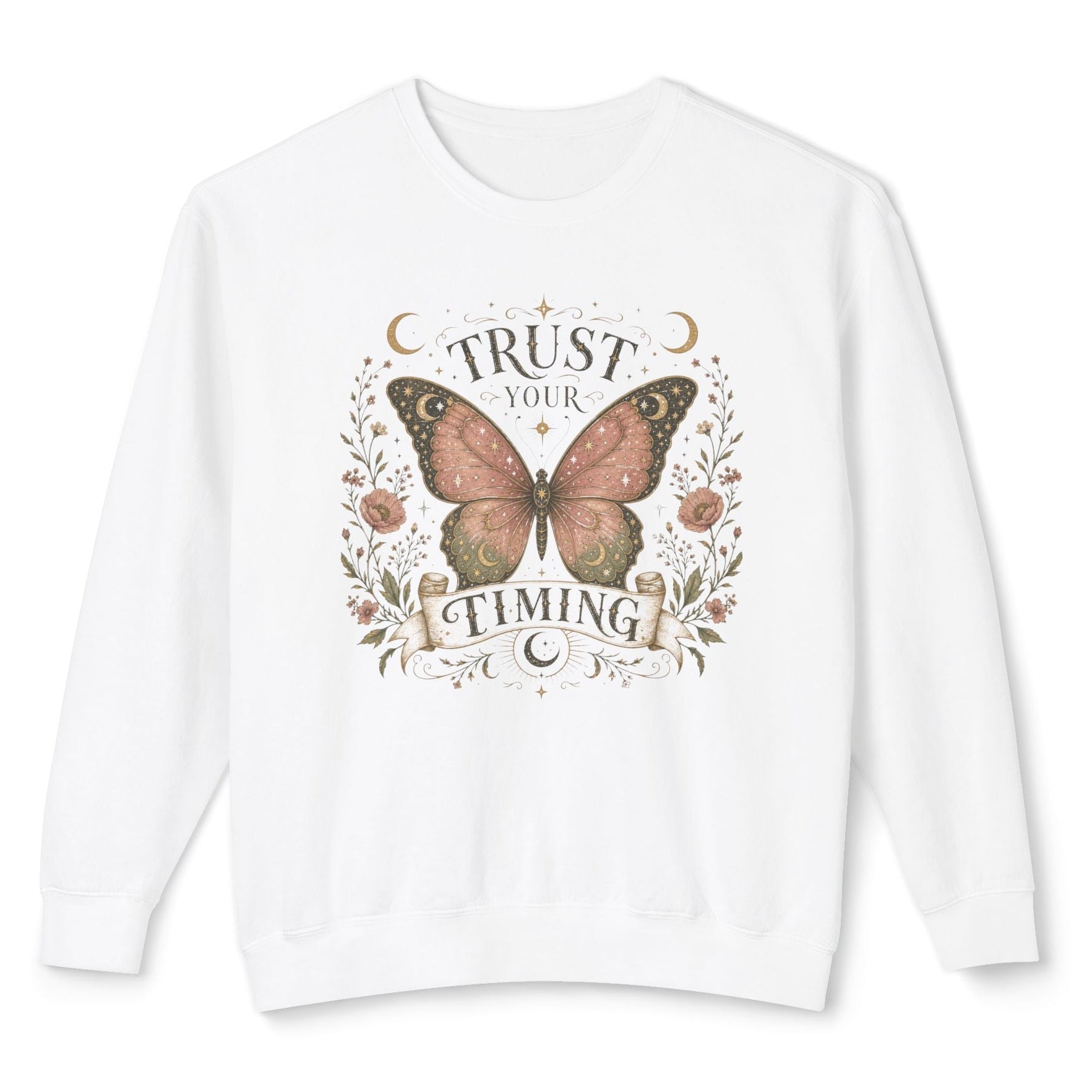 Trust Your Timing yazılı vintage kelebek ve çiçek baskılı beyaz kadın sweatshirt