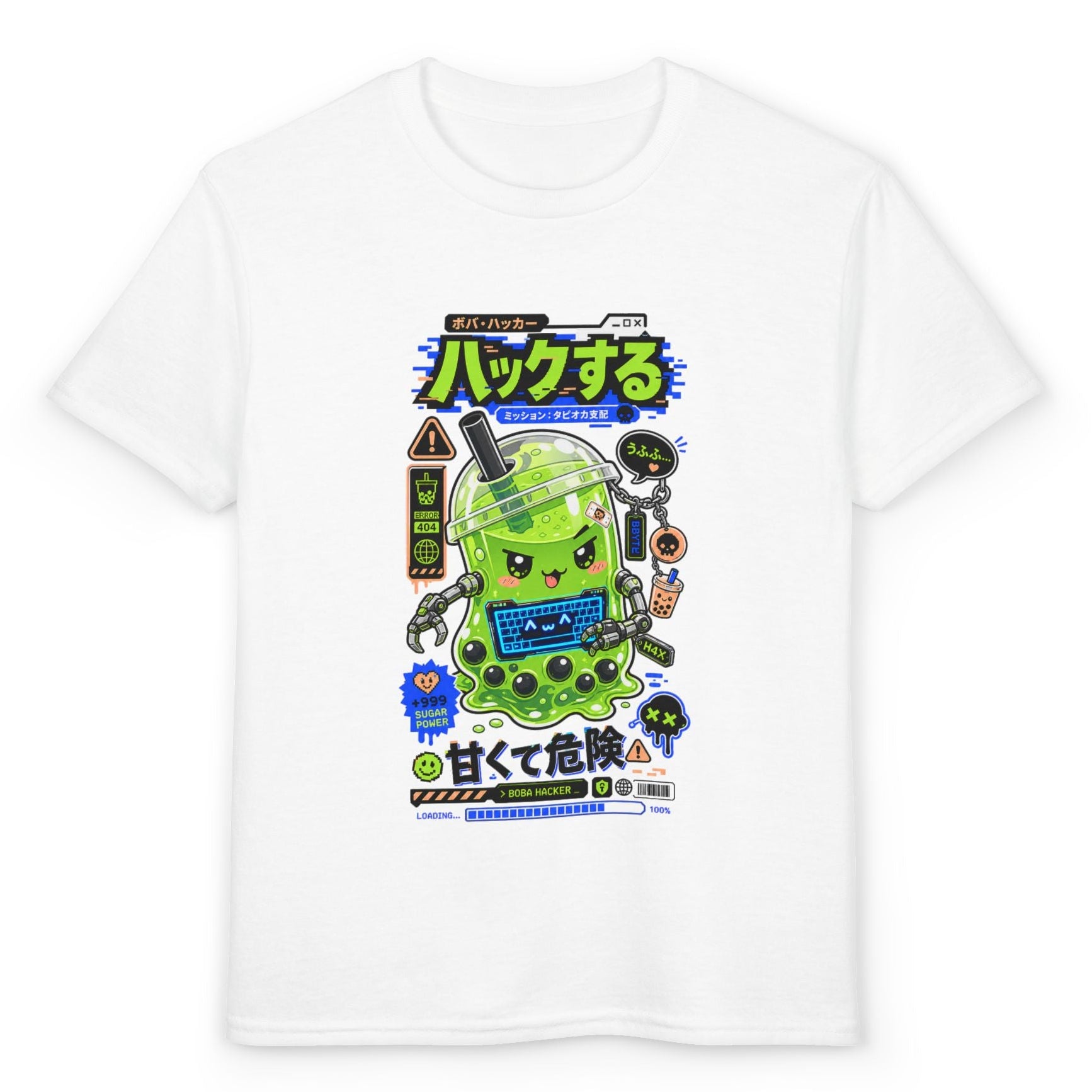 Kawaii Boba Hacker baskılı çocuk tişörtü. Bubble tea karakteri, siber teknoloji teması ve Japon anime tarzı detaylara sahip, canlı renklerde baskılı çocuk tişörtü.