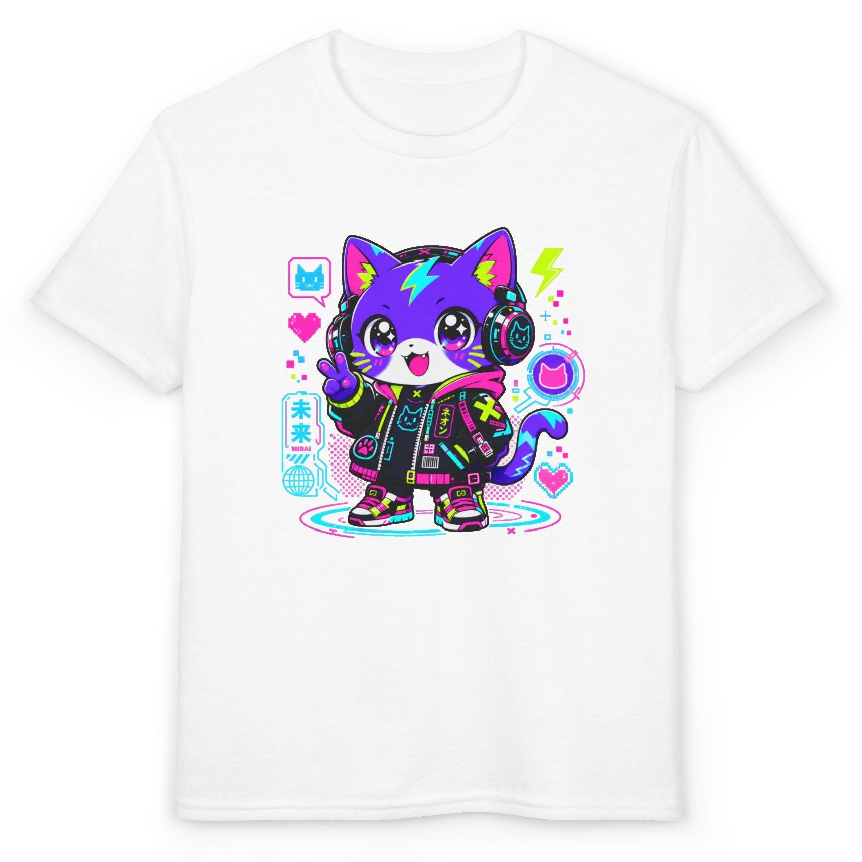 Cyber Kedi Tasarımlı Kız Çocuk Tişörtü – Anime & Gaming Temalı