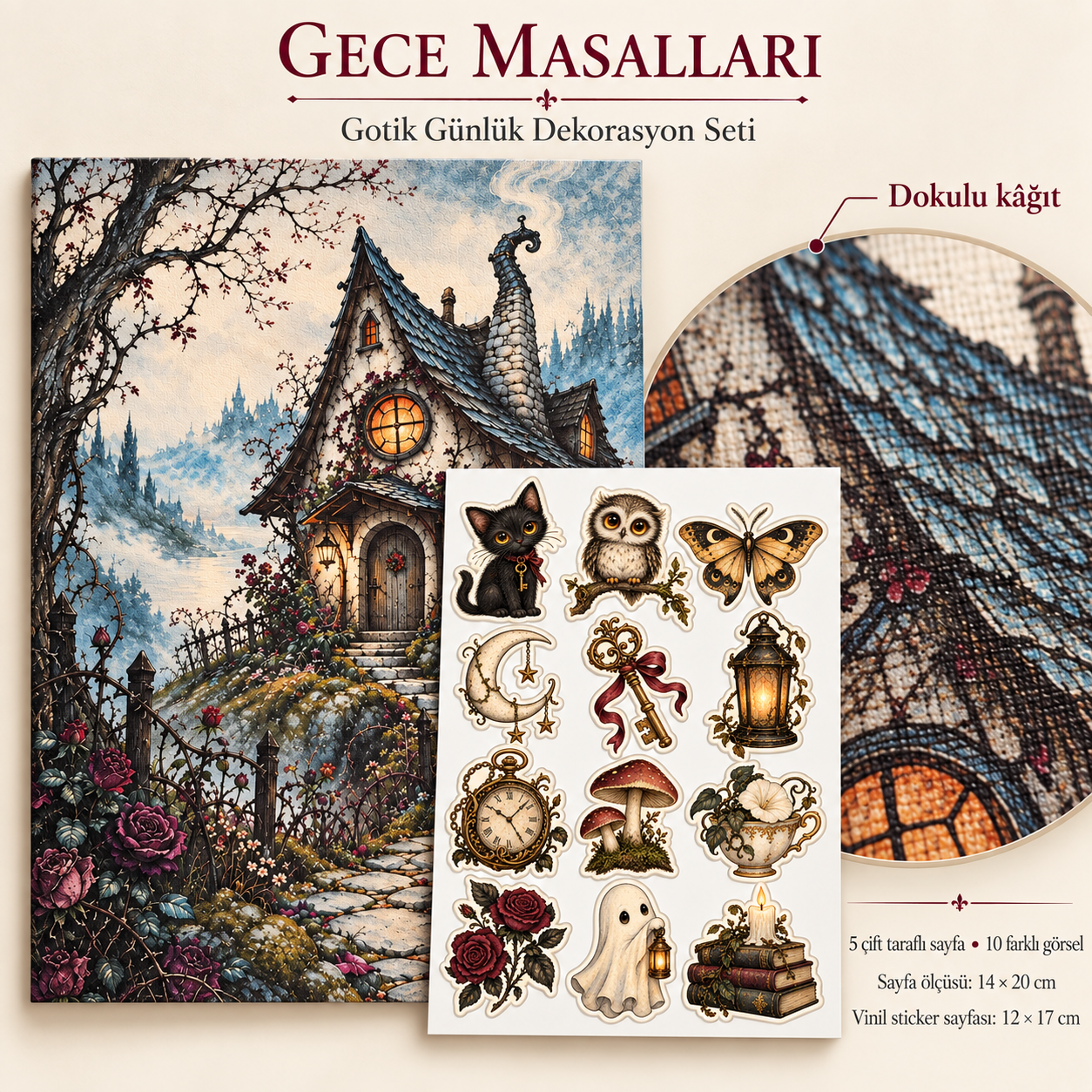 Gece Masalları Gotik Günlük Dekorasyon Seti – 5 Çift Taraflı Dokulu Sayfa ve 12 Vinil Sticker