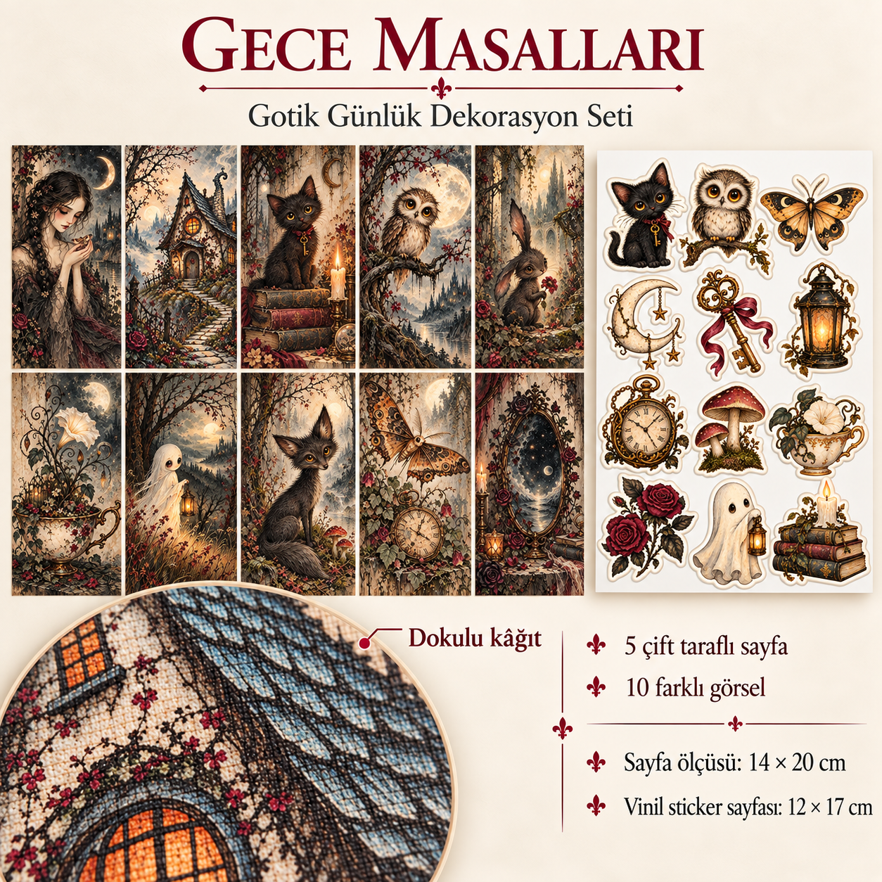 Gece Masalları Gotik Günlük Dekorasyon Seti – 5 Çift Taraflı Dokulu Sayfa ve 12 Vinil Sticker