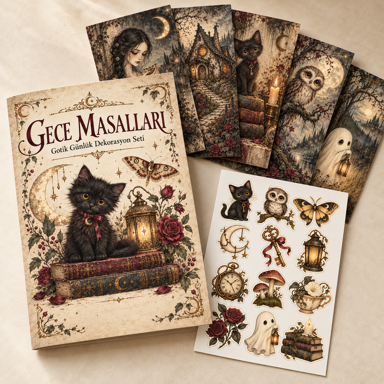 Gece Masalları gotik günlük dekorasyon setinin desenli dosya kapağı, 14 × 20 cm çift taraflı dokulu sayfaları ve 12 tasarımlı vinil sticker sayfası.