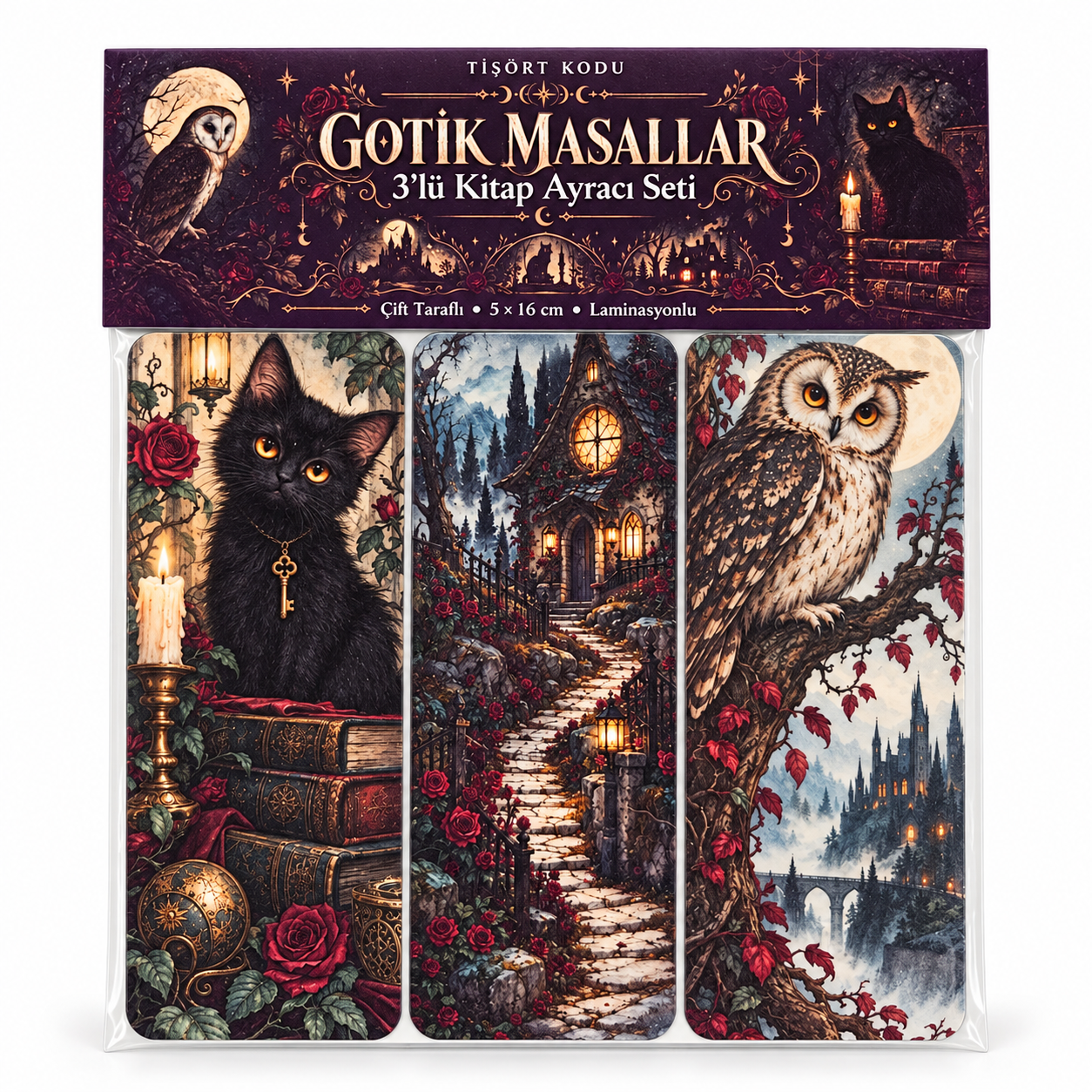 Gotik Masallar üçlü kitap ayracı seti; baykuş, kara kedi ve ışıklı orman evi desenli ayraçlar ahşap masa üzerinde, biri açık bir kitabın içinde ve paketli set arkada görülüyor.