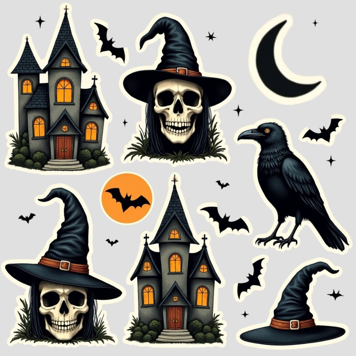 Halloween Night Vinyl Stiker Seti – 3 Sayfa (15x15 cm) Gotik & Karanlık Ev Teması