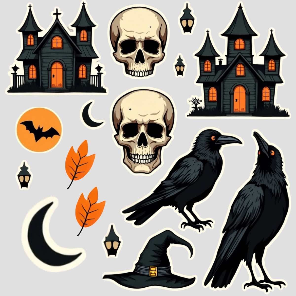 Halloween Night Vinyl Stiker Seti – 3 Sayfa (15x15 cm) Gotik & Karanlık Ev Teması