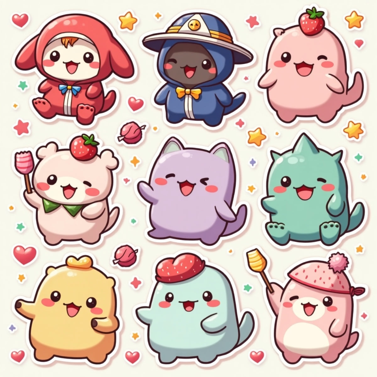 Kawaii Karakter Stiker Seti – 3 Sayfa (15x15 cm) Sevimlilik Patlaması!