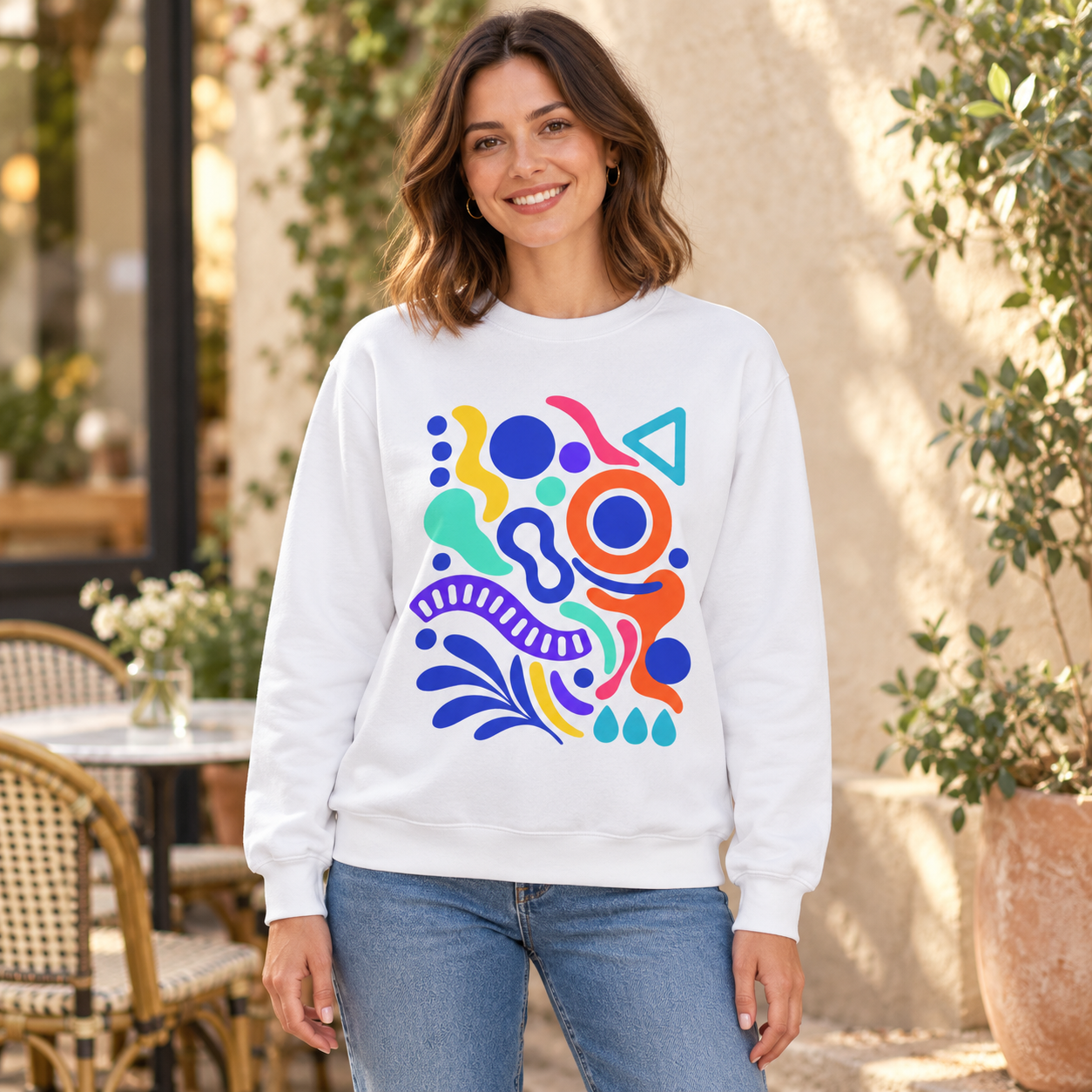 Renk Ritmi – Geometrik Baskılı Beyaz Kadın Sweatshirt