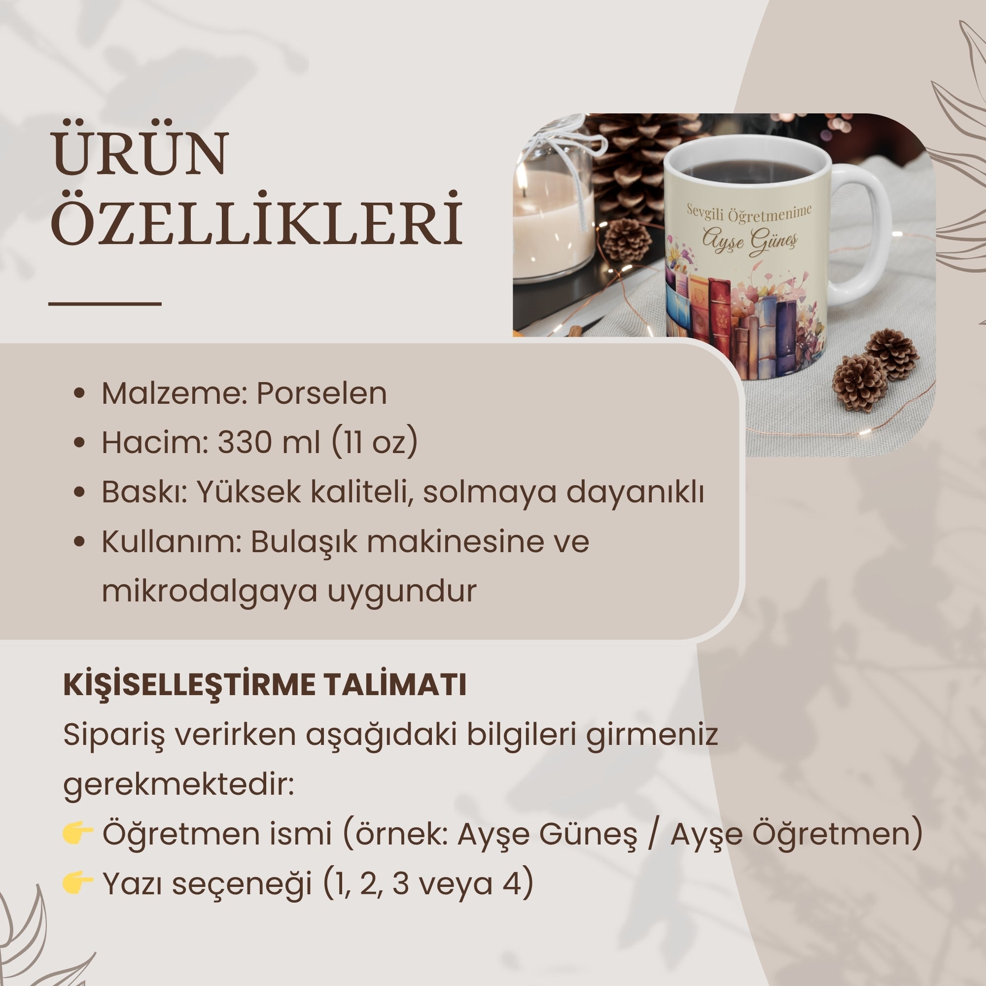 Kişiselleştirilebilir Öğretmen Kupası – İsimli Porselen Kupa | Öğretmen Hediyesi