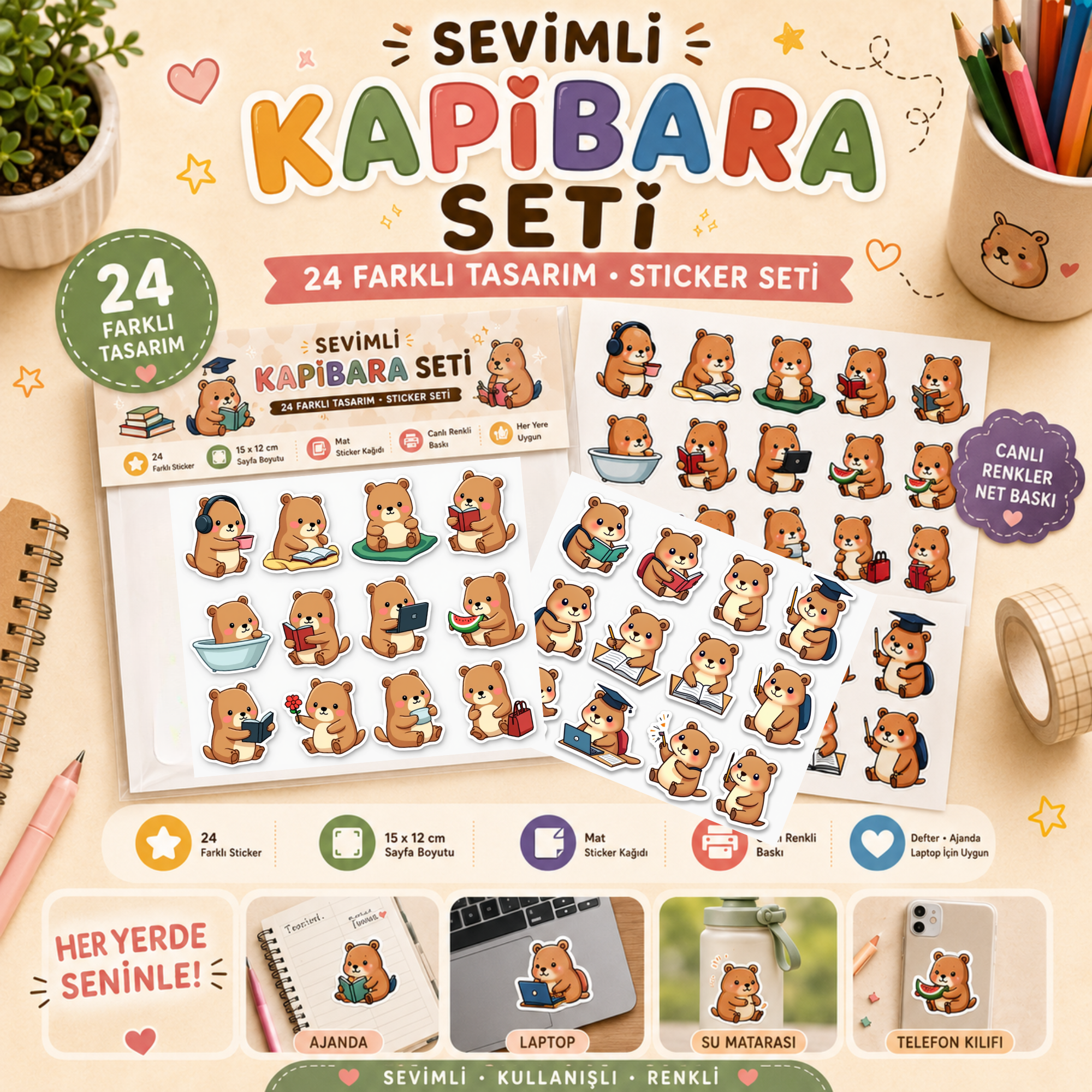 Sevimli Kapibara Seti – 24 Farklı Tasarımlı Sticker Koleksiyonu