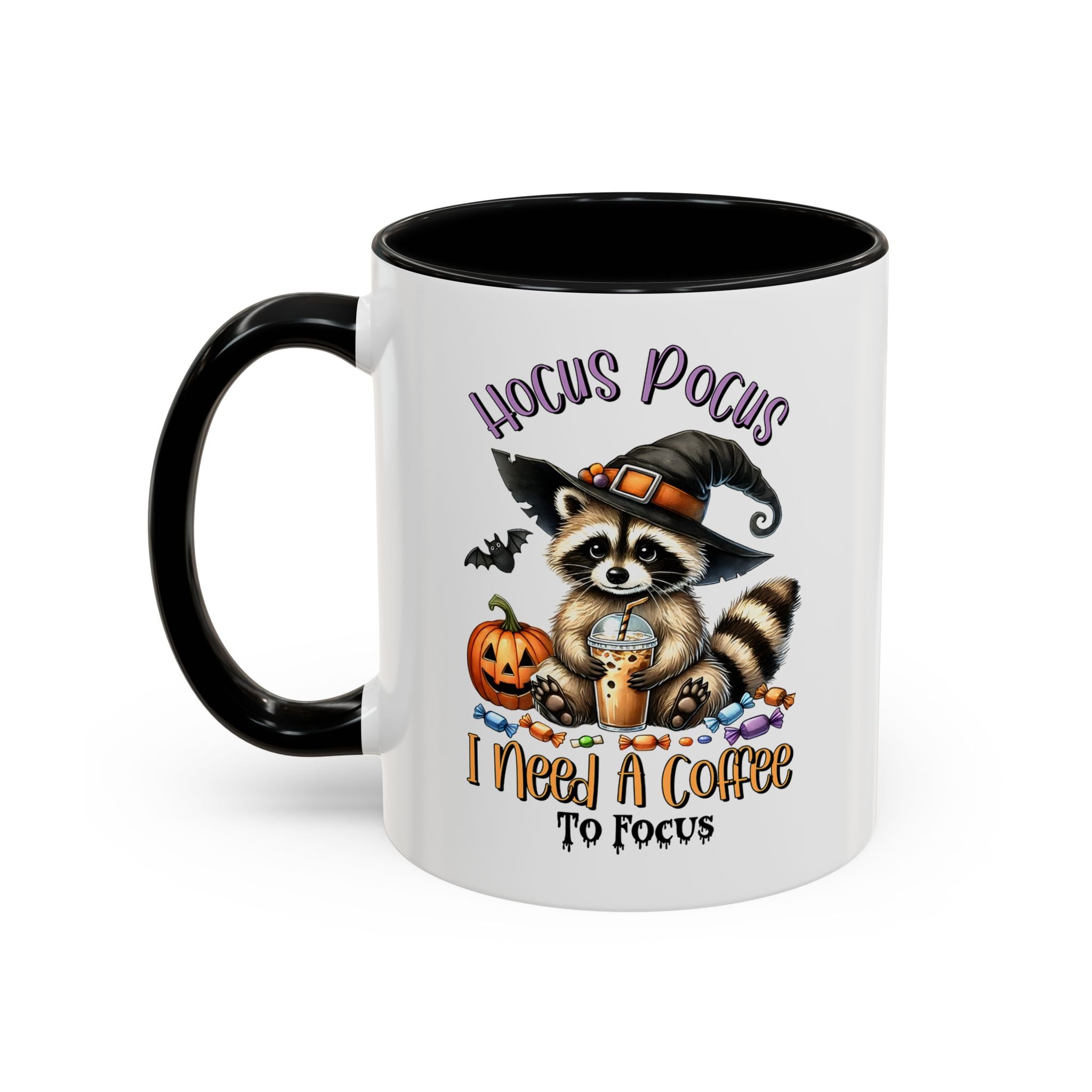 Hocus Pocus Rakun Desenli Porselen Kupa | Siyah Kulplu 325 ml