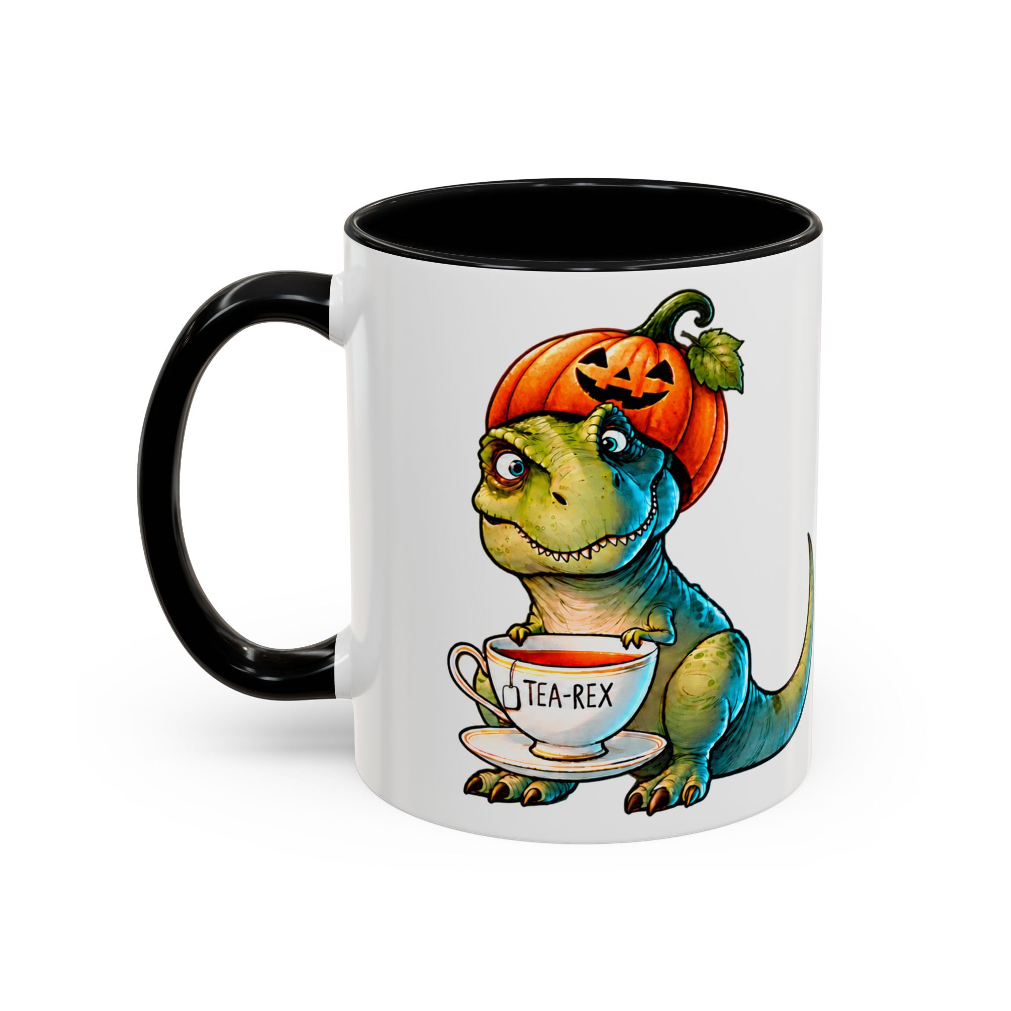 Balkabağı Şapkalı Tea-Rex Halloween Porselen Kupa – Siyah Kulplu, 11 oz