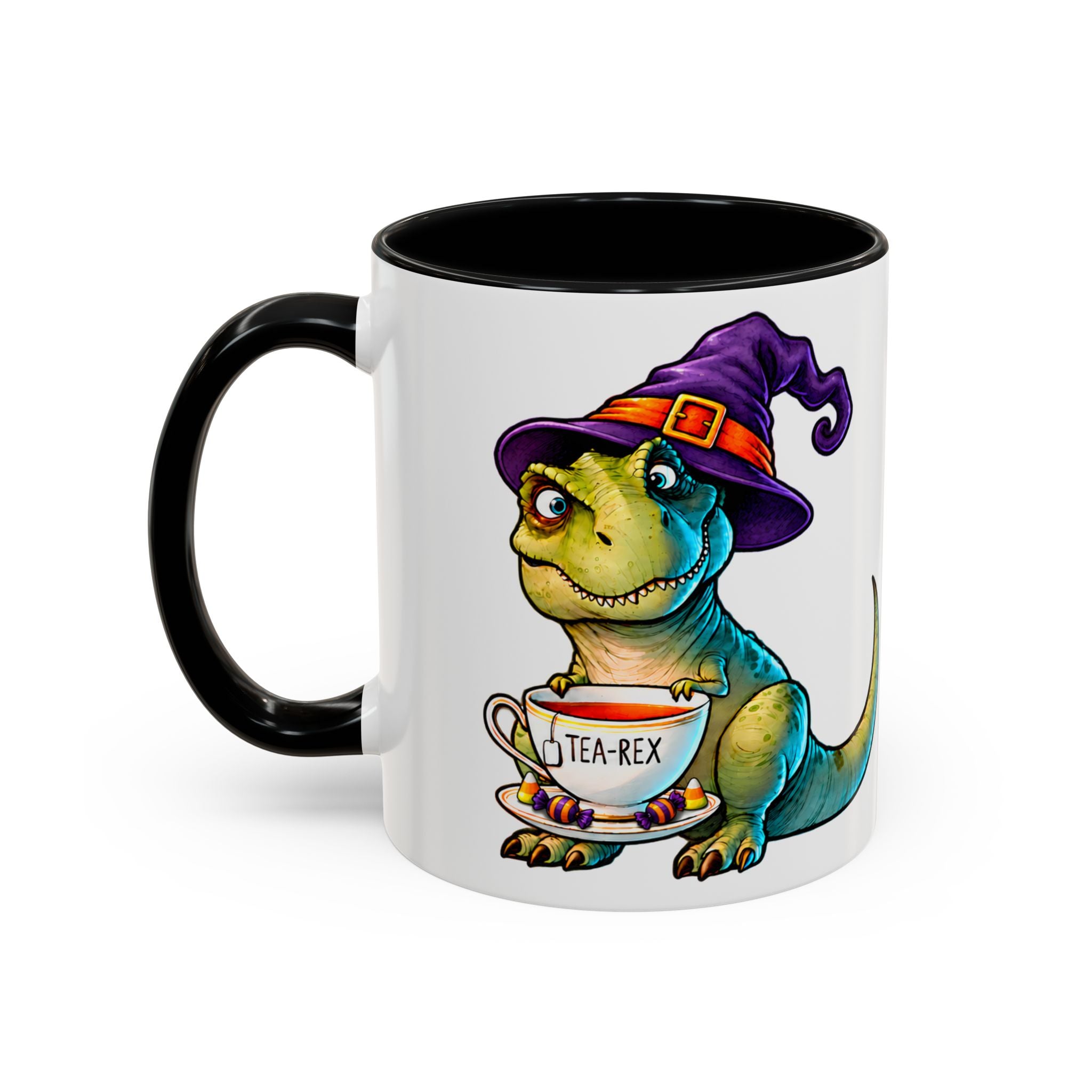 Cadı Şapkalı Tea-Rex Halloween Porselen Kupa – Siyah Kulplu, 11 oz