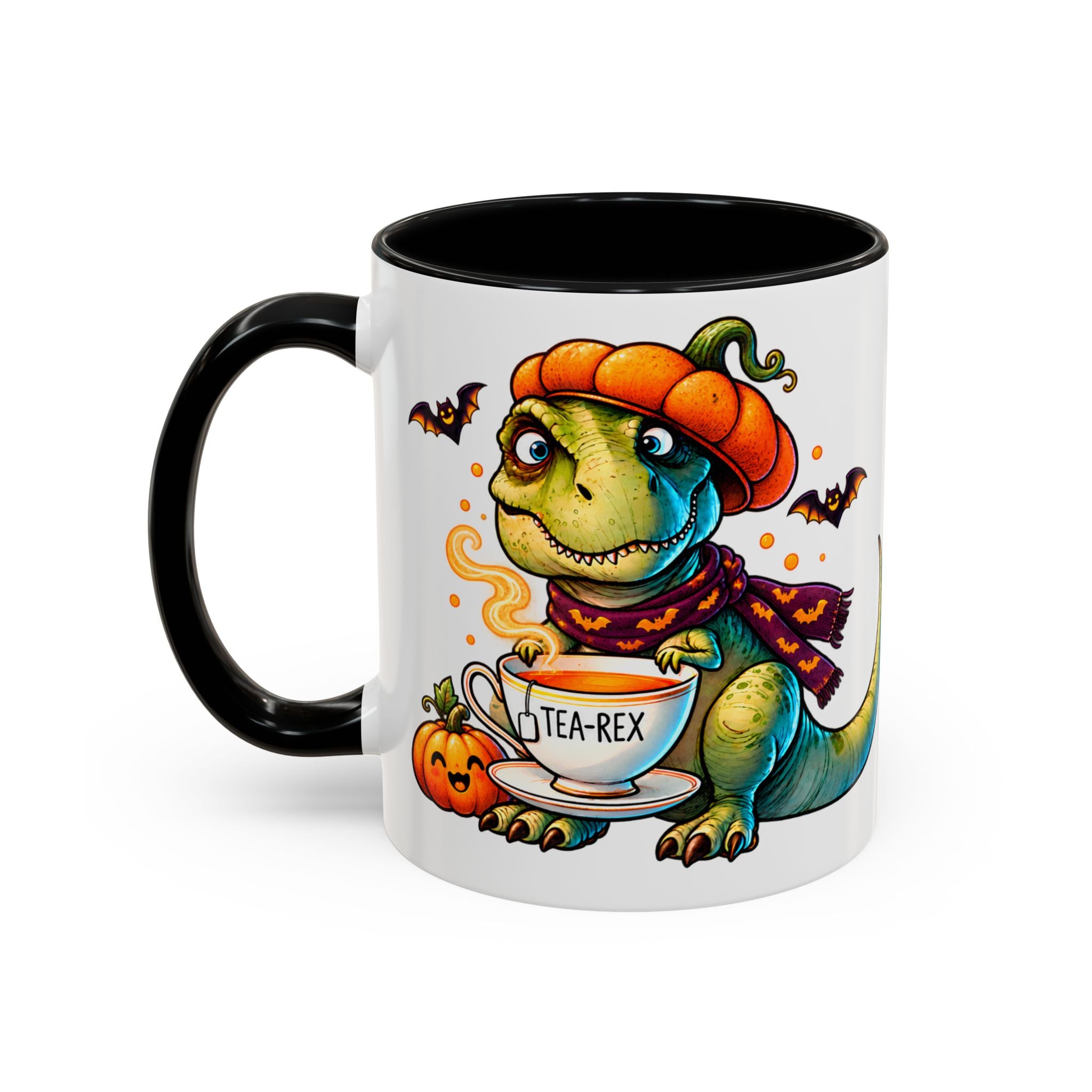 Tea-Rex Halloween Tasarımlı Porselen Kupa – Siyah İç & Kulplu 11 oz