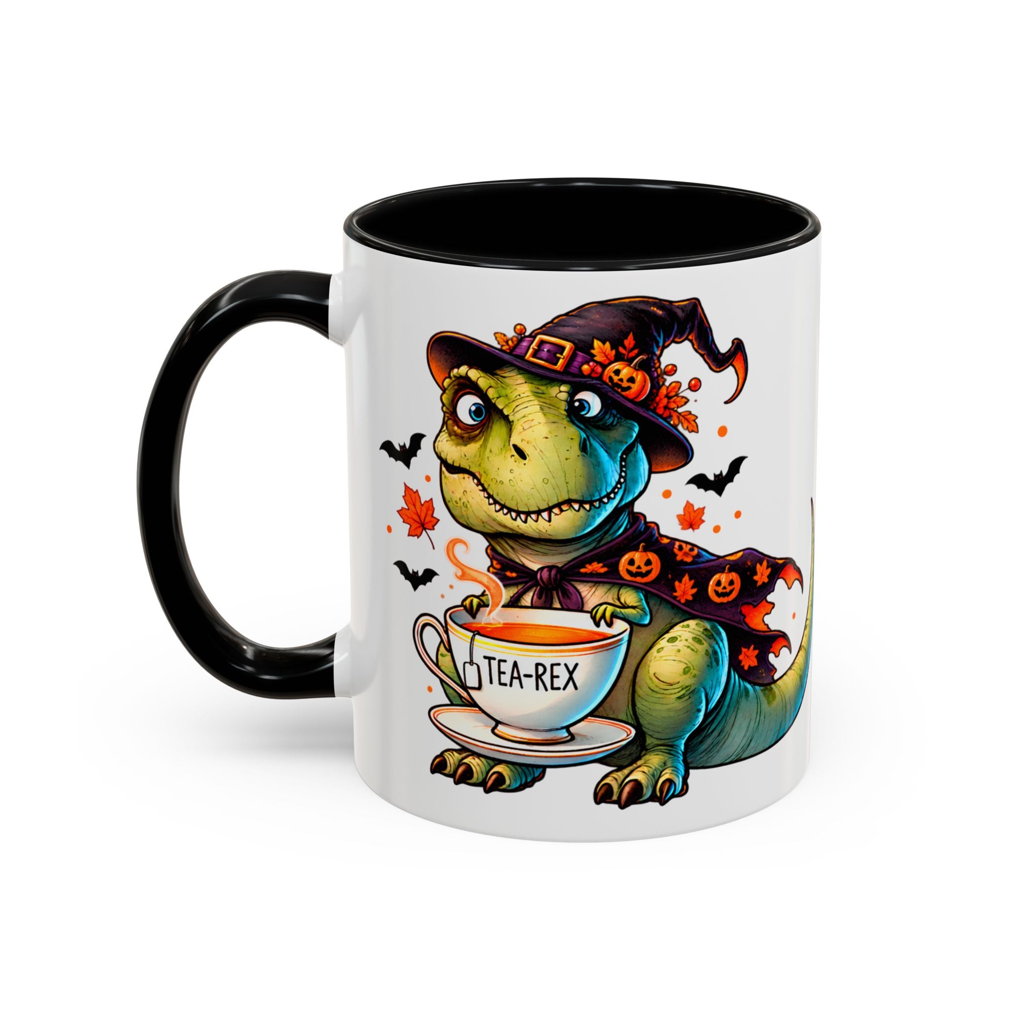 Tea-Rex Cadı Halloween Dinozor Tasarımlı Porselen Kupa – Siyah İç & Kulplu 11 oz