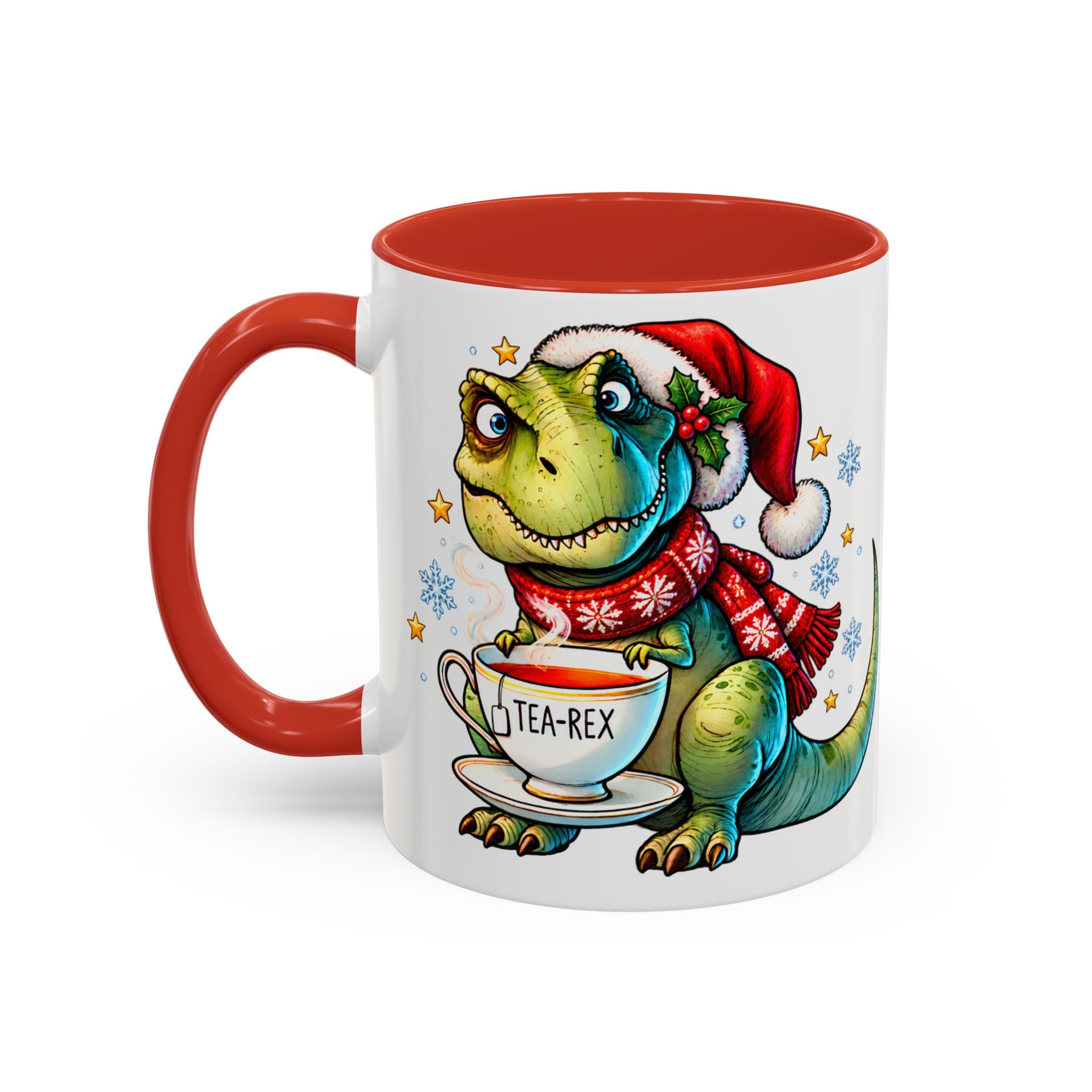 Tea-Rex Christmas Dinozor Tasarımlı Porselen Kupa – Kırmızı İç & Kulplu 11 oz