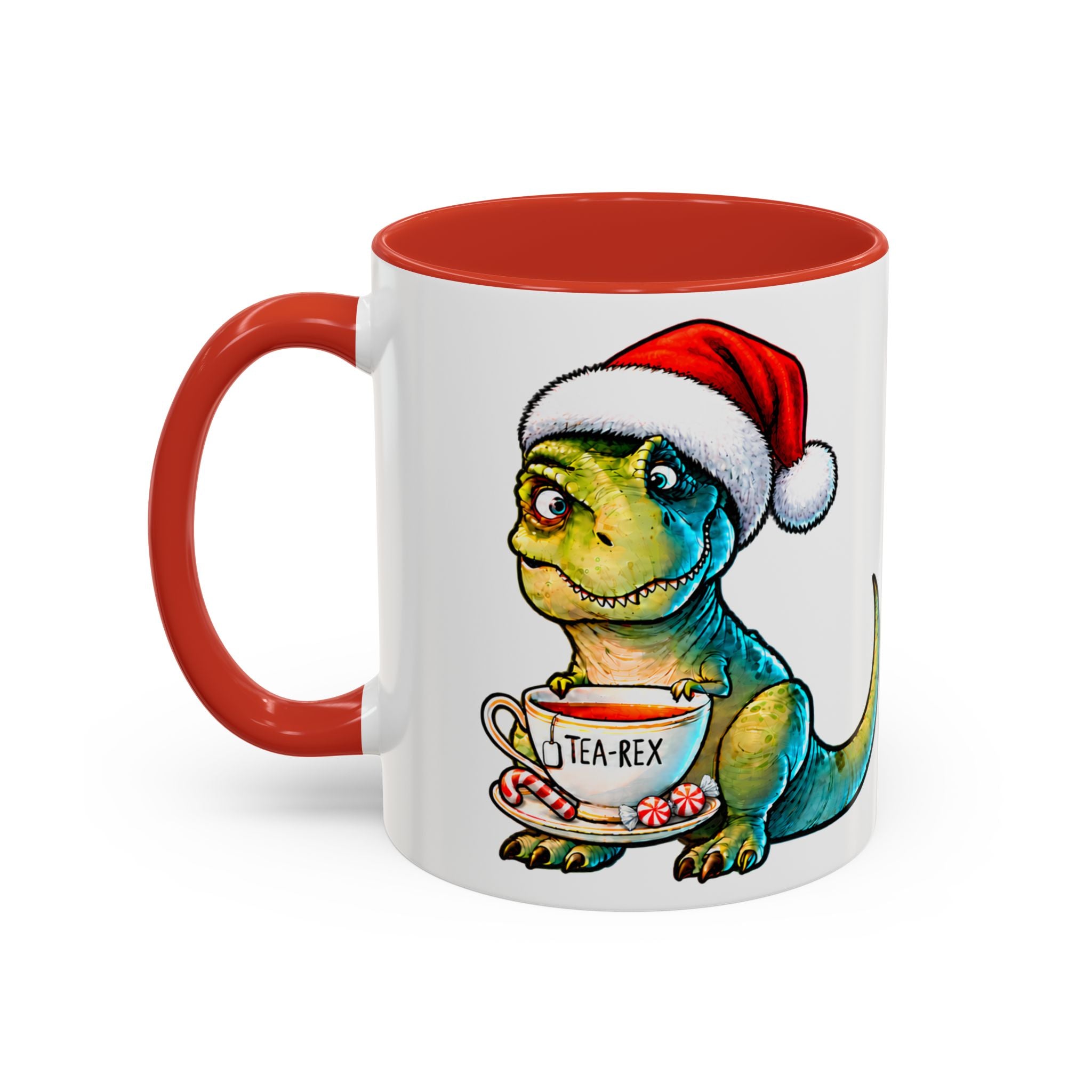 Noel Şapkalı Tea-Rex Porselen Kupa – Kırmızı Kulplu, 11 oz