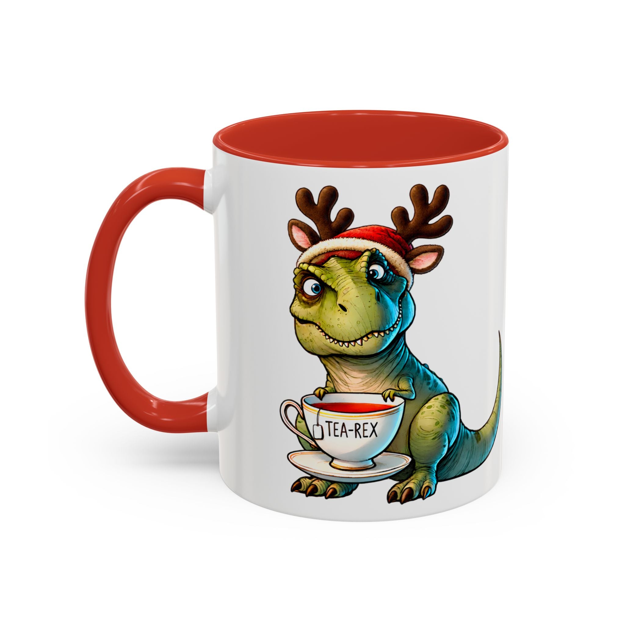 Tea-Rex Yılbaşı Tasarımlı Porselen Kupa – Kırmızı Kulplu, 11 oz