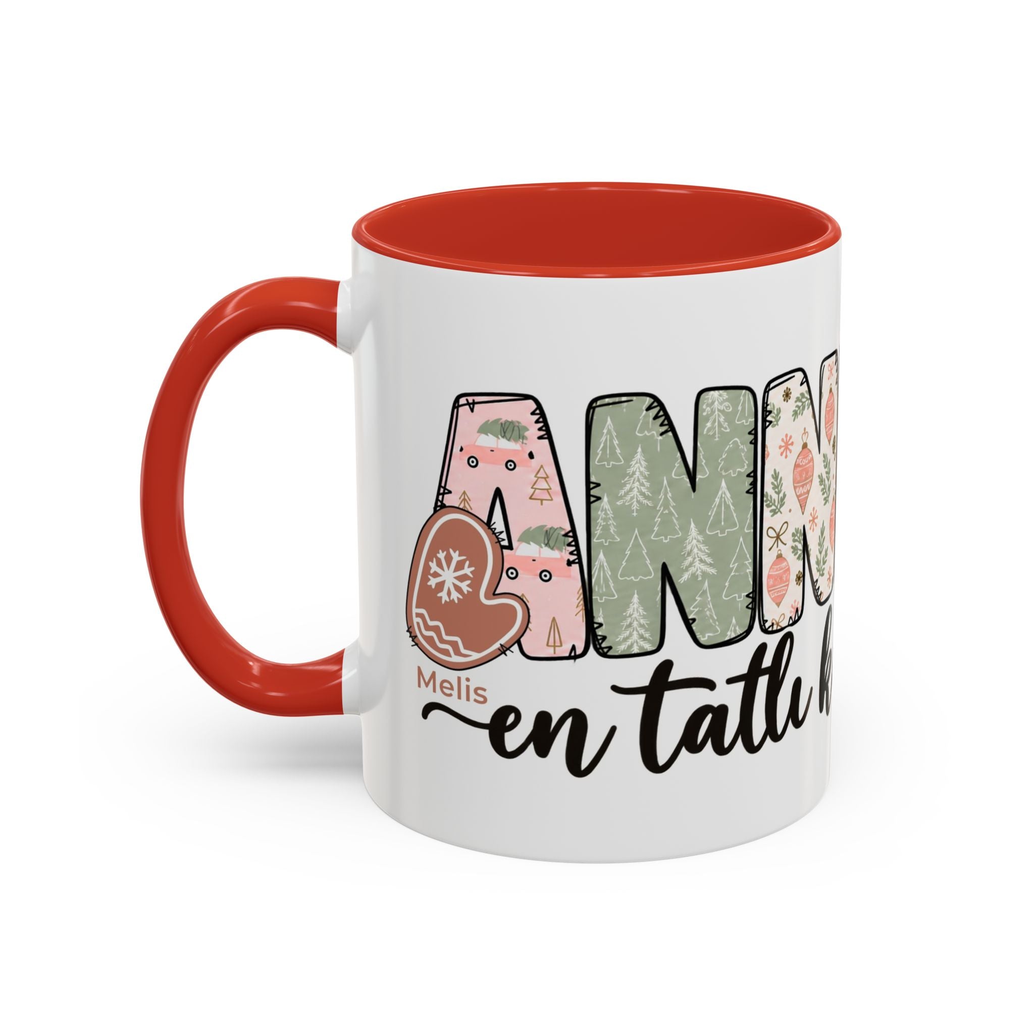Kişiye Özel “Annenin En Tatlı Kurabiyeleri” Porselen Kupa – Çocuk İsimli Yılbaşı Hediyesi, Kırmızı, 11 oz