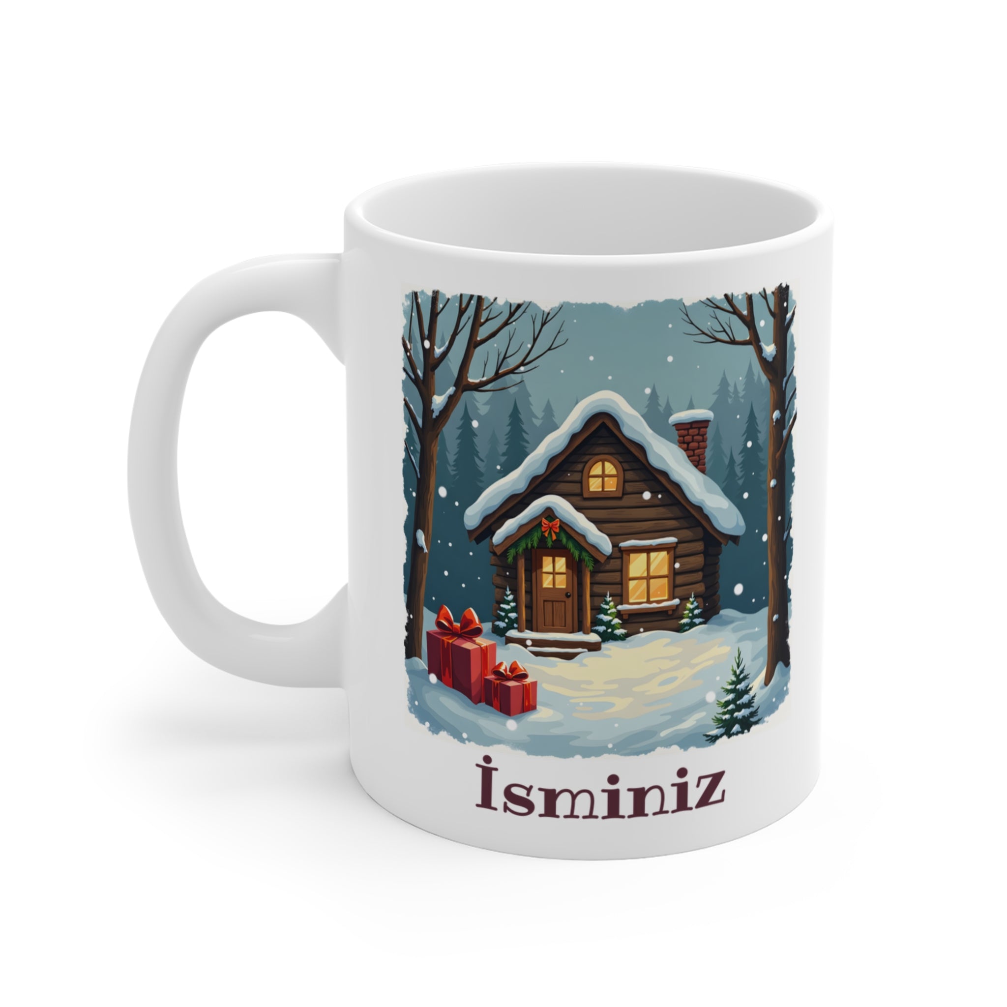 Kişiye Özel Yılbaşı Kütük Ev Tasarımlı Porselen Kupa