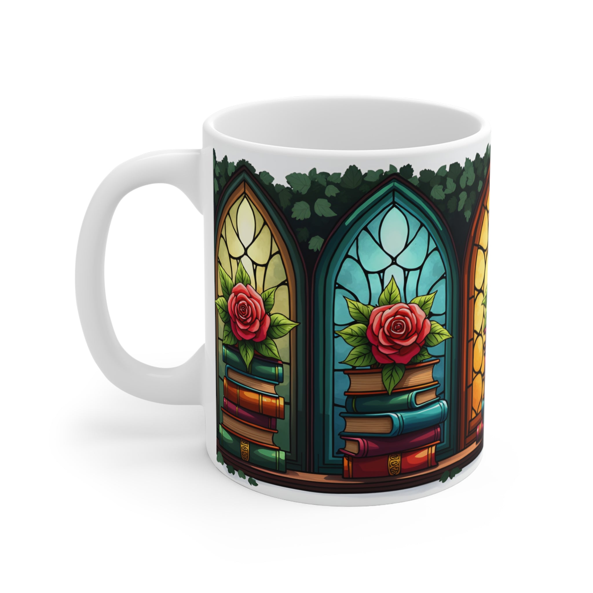 Stained Glass Kitap & Gül Desenli Porselen Kupa – Book Lover Kahve Kupası