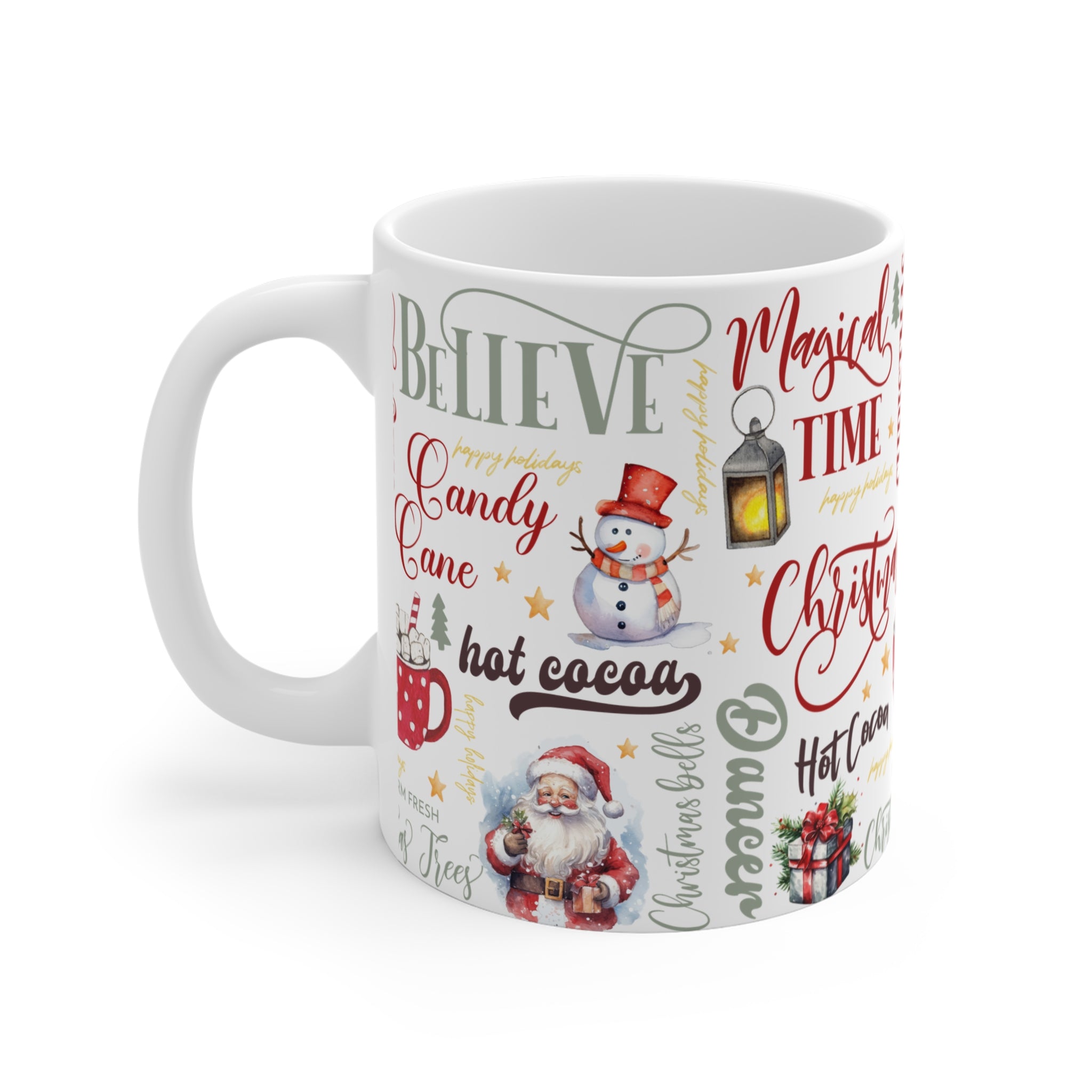 Believe yazısı, kardan adam ve Noel Baba desenli yılbaşı temalı porselen kupanın soldan görünümü.