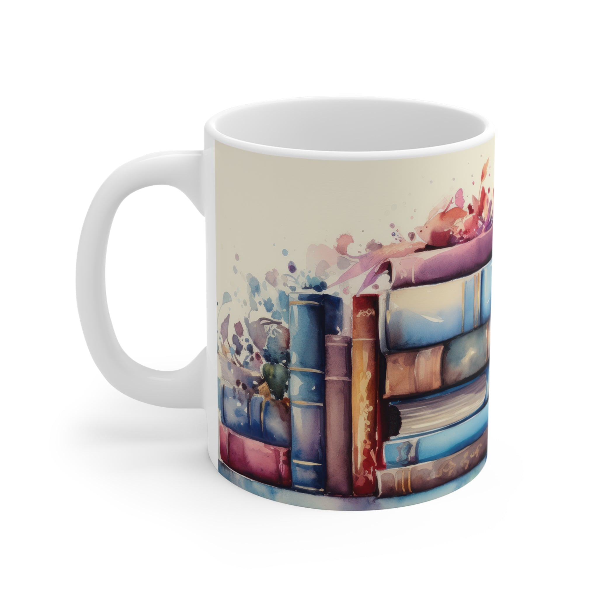 “Colorful Bookshelf” Porselen Kupa – Kitap Severlere Özel Sanatsal Tasarım