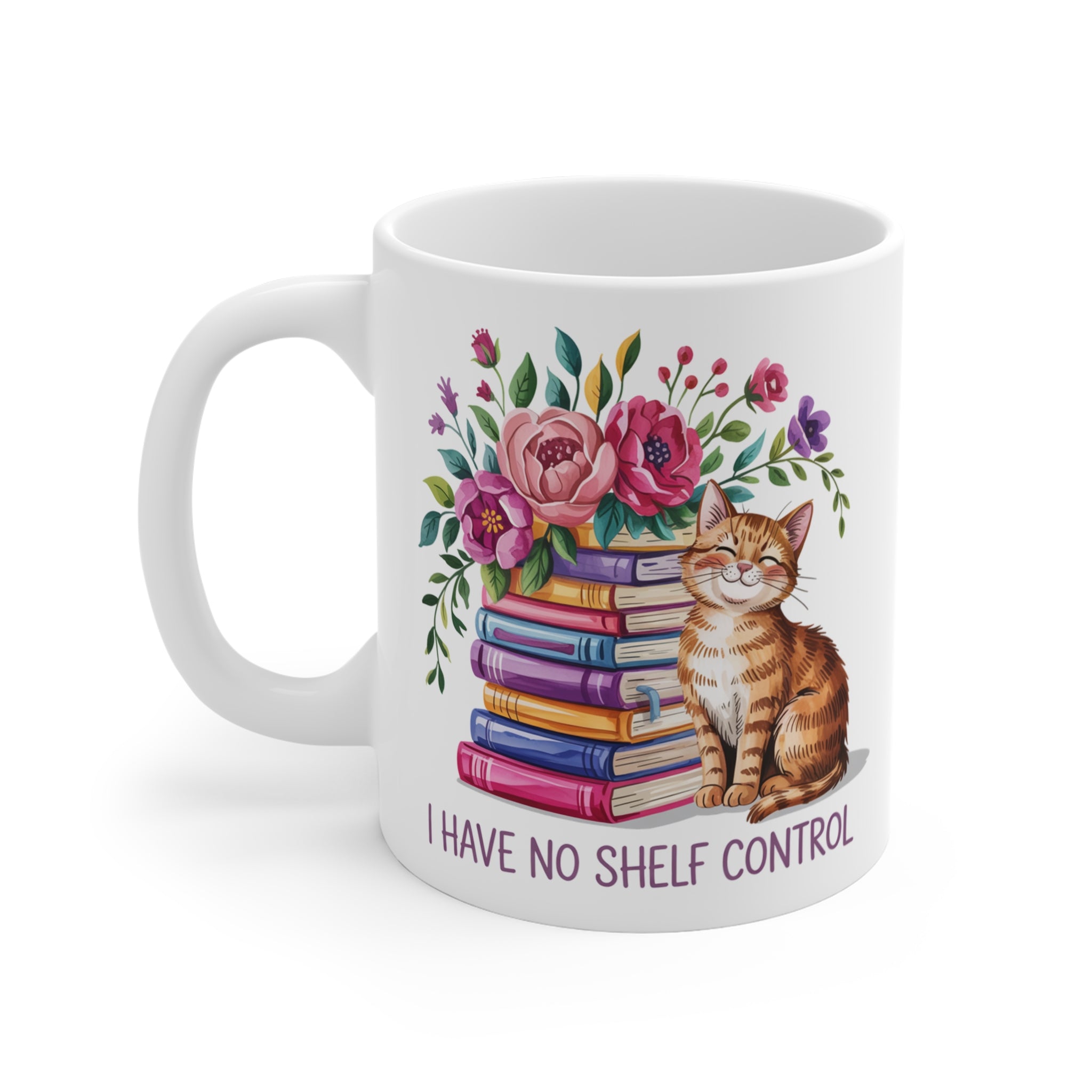 Kedi ve Kitap Temalı Porselen Kupa – “I Have No Shelf Control” Yazılı Eğlenceli Tasarım