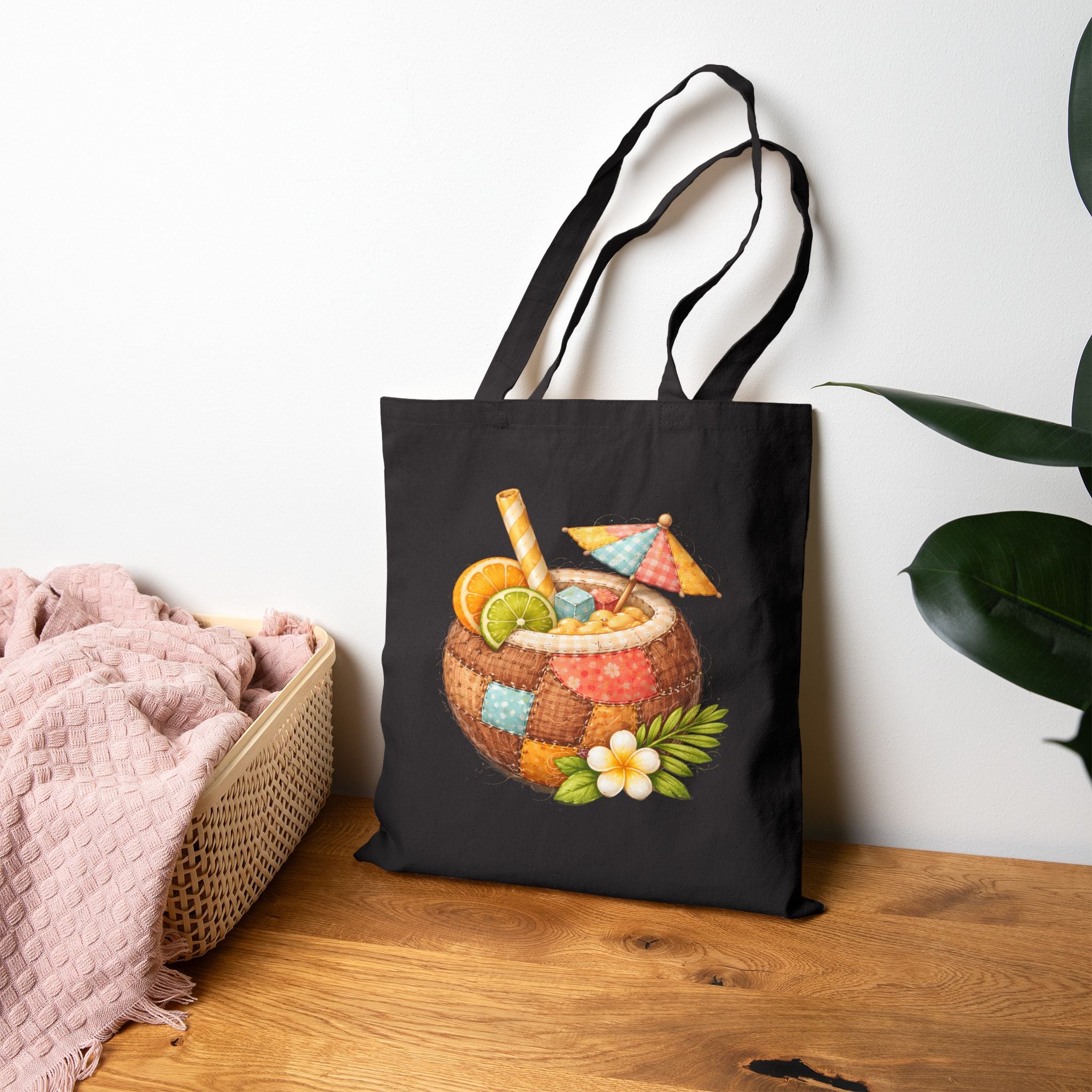 Tropical Coconut Fermuarlı Bez Çanta – Yaz Temalı Gabardin & Ham Bez Tote Bag