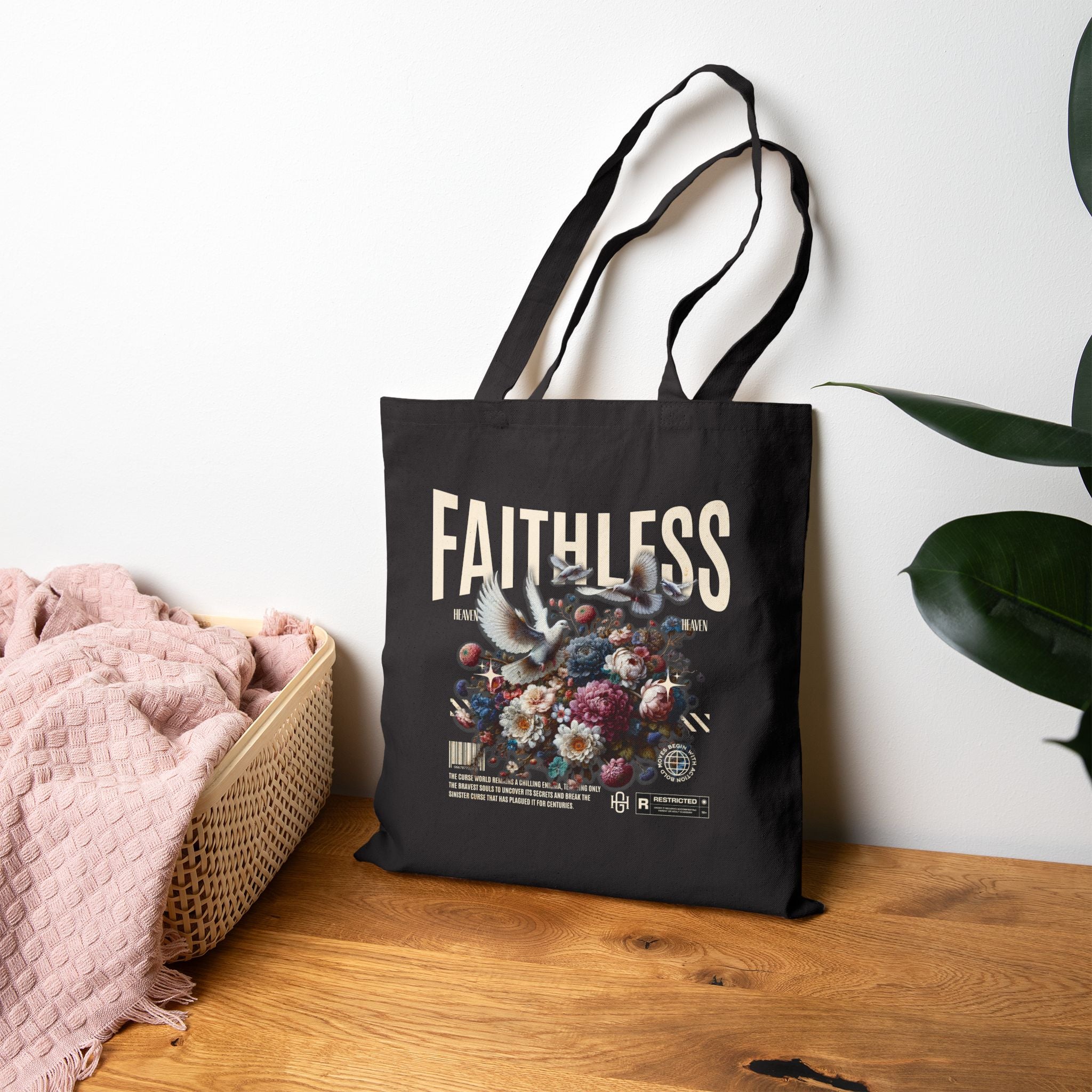 Faithless Çiçek ve Güvercin Baskılı Siyah Fermuarlı Gabardin Tote Çanta