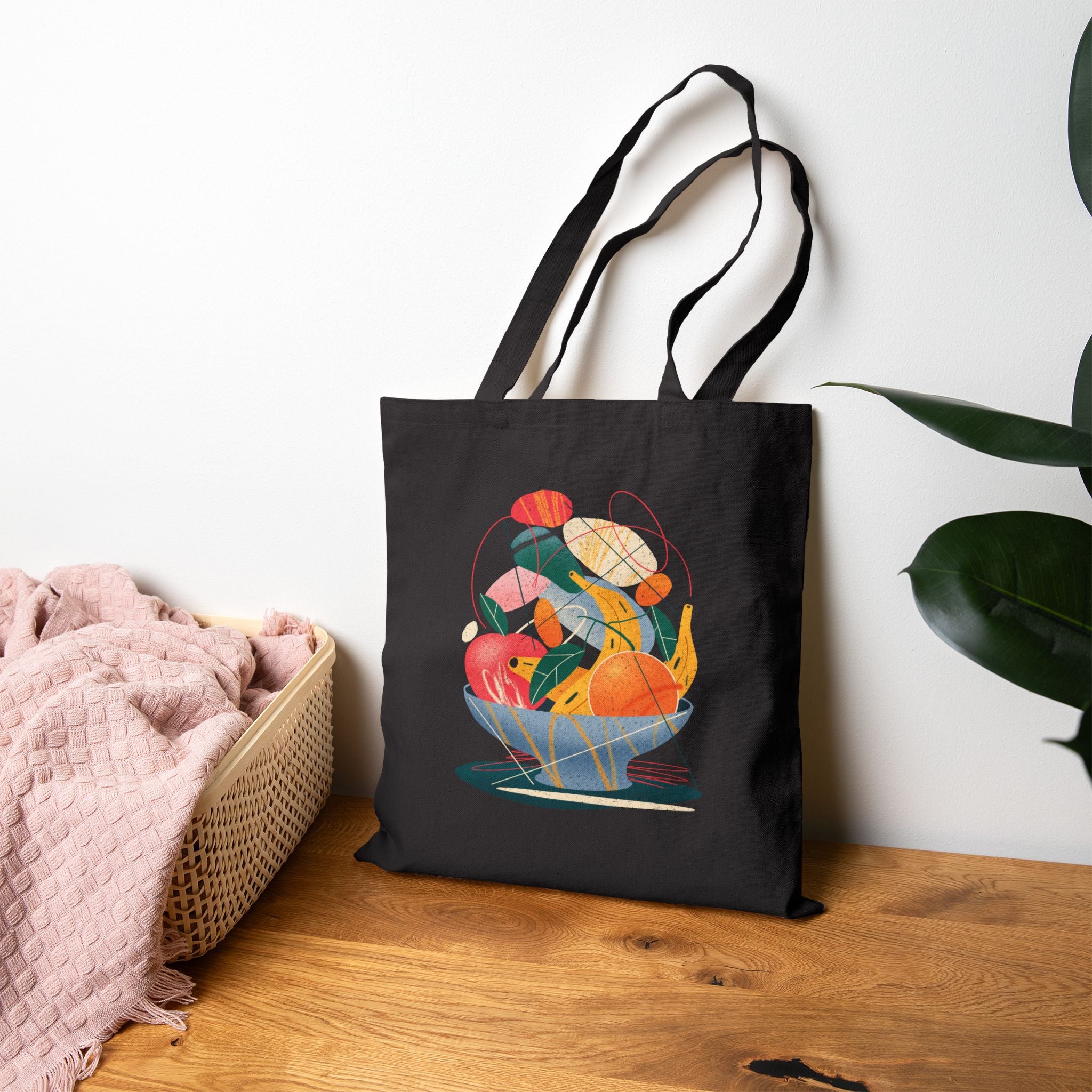 Sanatsal Meyve Desenli Gabardin Fermuarlı Tote Çanta – Modern Omuz Çantası