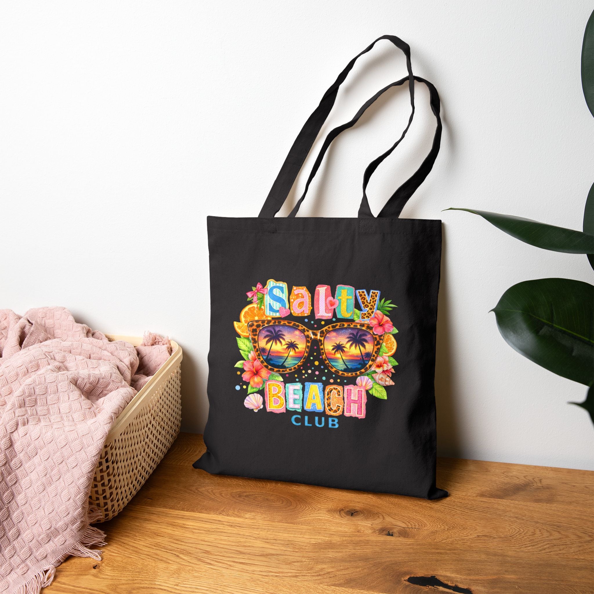 Salty Beach Club Fermuarlı Bez Çanta – Siyah Gabardin & Bej Ham Bez Tote Bag