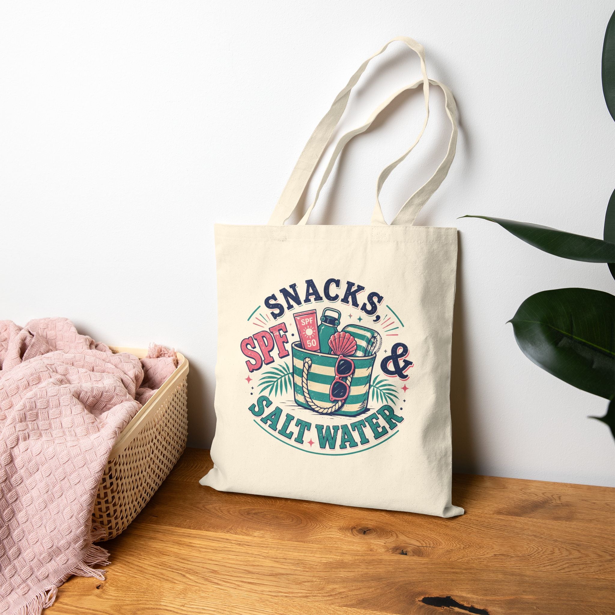 Snacks, SPF & Salt Water Fermuarlı Ham Bez Tote Çanta
