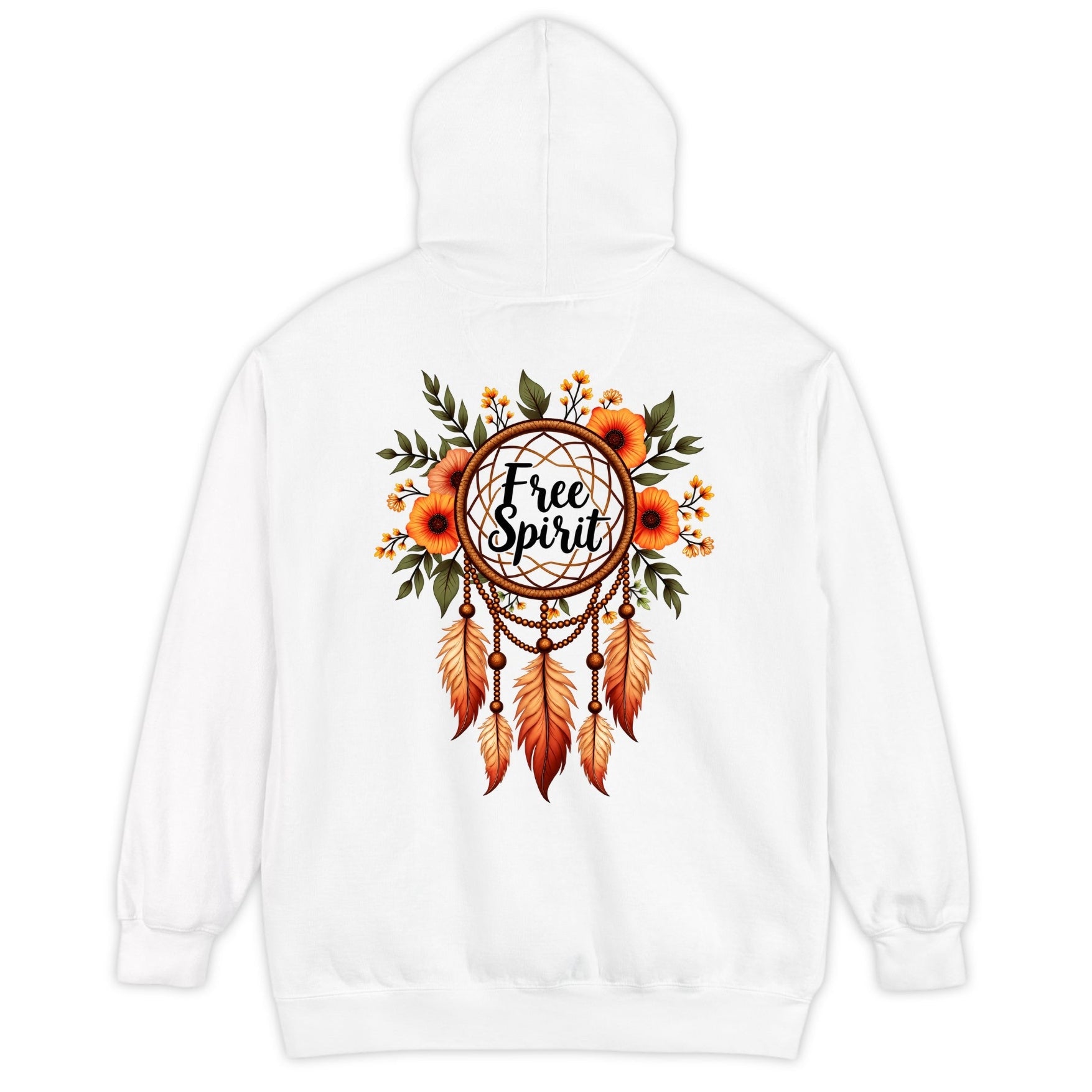 Arkasında Free Spirit yazısı, turuncu çiçekler, yeşil yapraklar ve kahverengi tüylerle süslü düş kapanı baskısı bulunan beyaz kapüşonlu kadın sweatshirt.