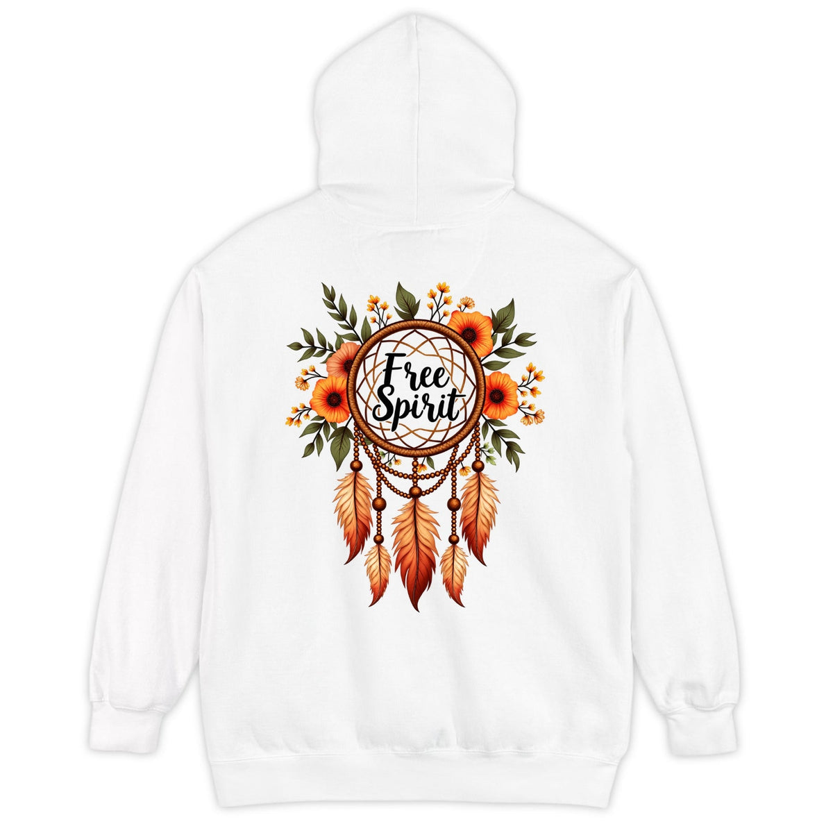 Arkasında Free Spirit yazısı, turuncu çiçekler, yeşil yapraklar ve kahverengi tüylerle süslü düş kapanı baskısı bulunan beyaz kapüşonlu kadın sweatshirt.