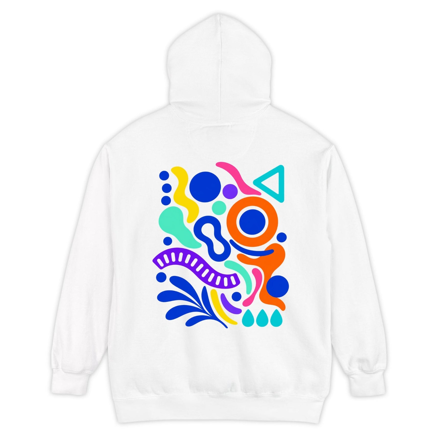 Renk Ritmi – Geometrik Sırt Baskılı Beyaz Kadın Kapüşonlu Sweatshirt