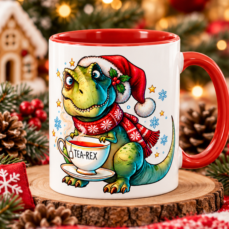 Tea-Rex Christmas Dinozor Tasarımlı Porselen Kupa – Kırmızı İç & Kulplu 11 oz