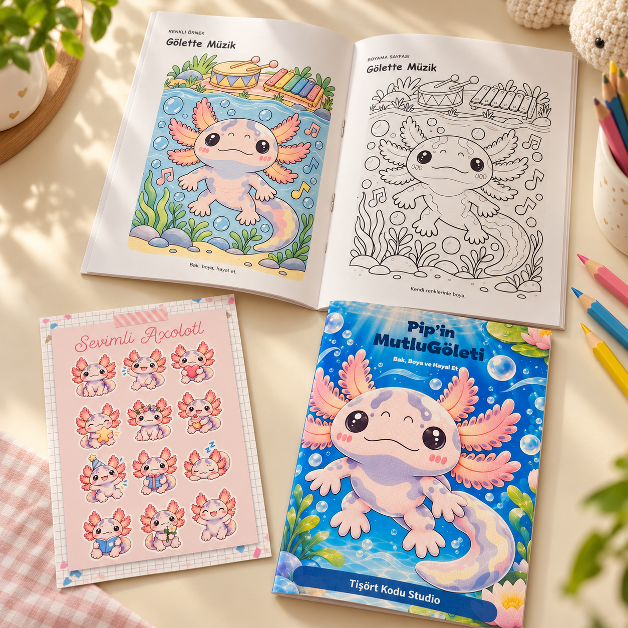 Pip’in Mutlu Göleti – 42 Sayfalık Axolotl Boyama Kitabı ve 12’li Sticker Seti