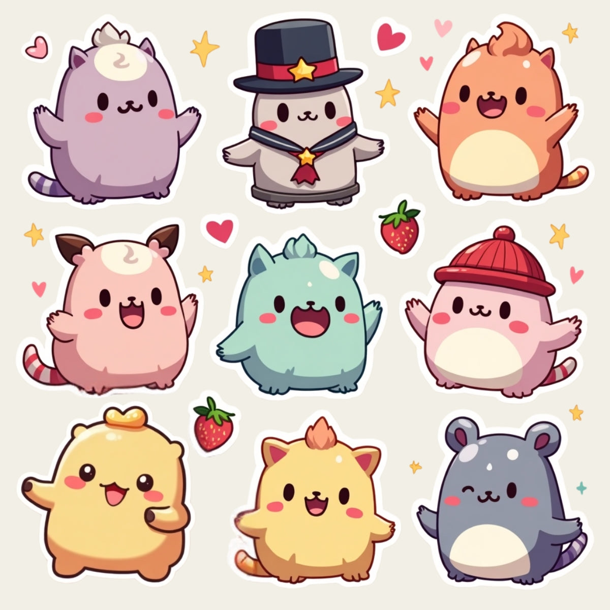 Kawaii Karakter Stiker Seti – 3 Sayfa (15x15 cm) Sevimlilik Patlaması!