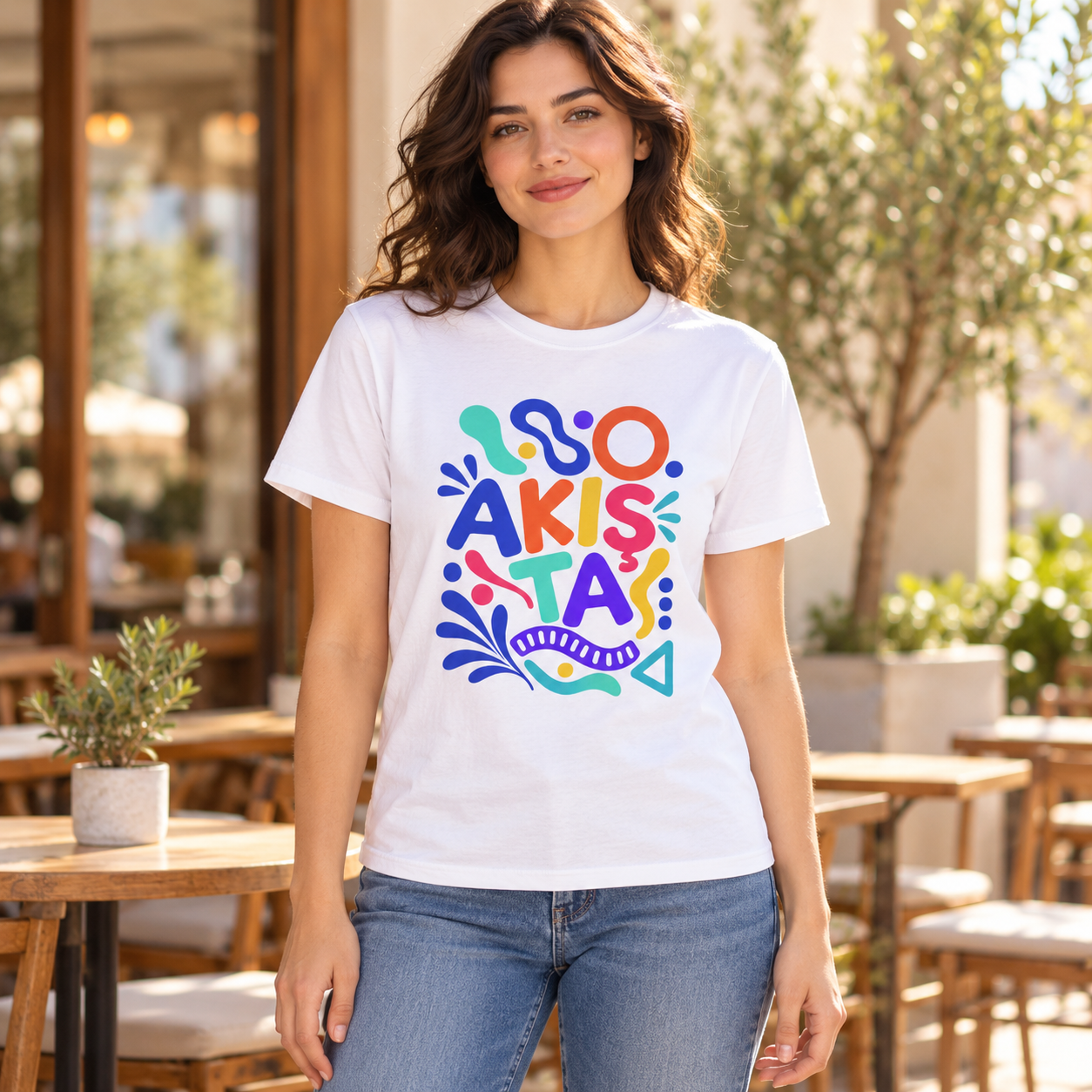 Akışta – Renkli Geometrik Baskılı Straight Fit Kadın Tişört