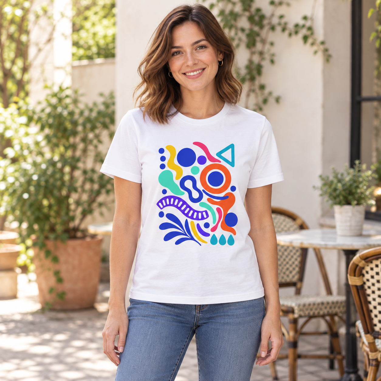 Renk Ritmi – Geometrik Desenli Straight Fit Kadın Tişört