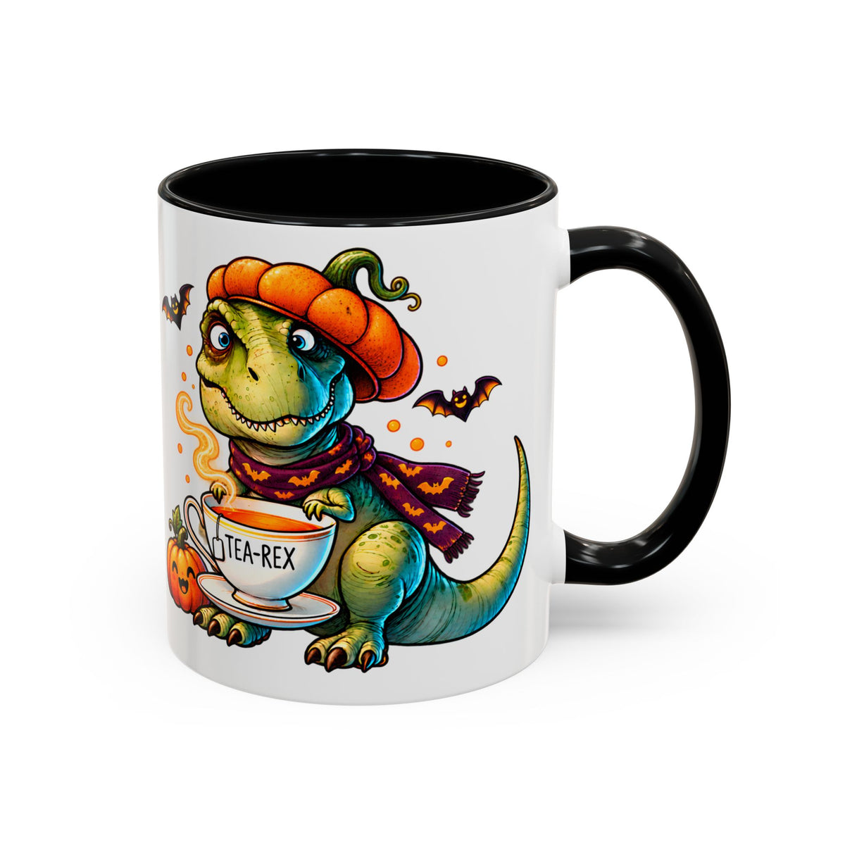 Balkabağı şapkası ve yarasa desenli atkısıyla çay tutan Tea-Rex dinozor baskılı, siyah iç ve siyah kulplu 11 oz porselen Halloween kupası.