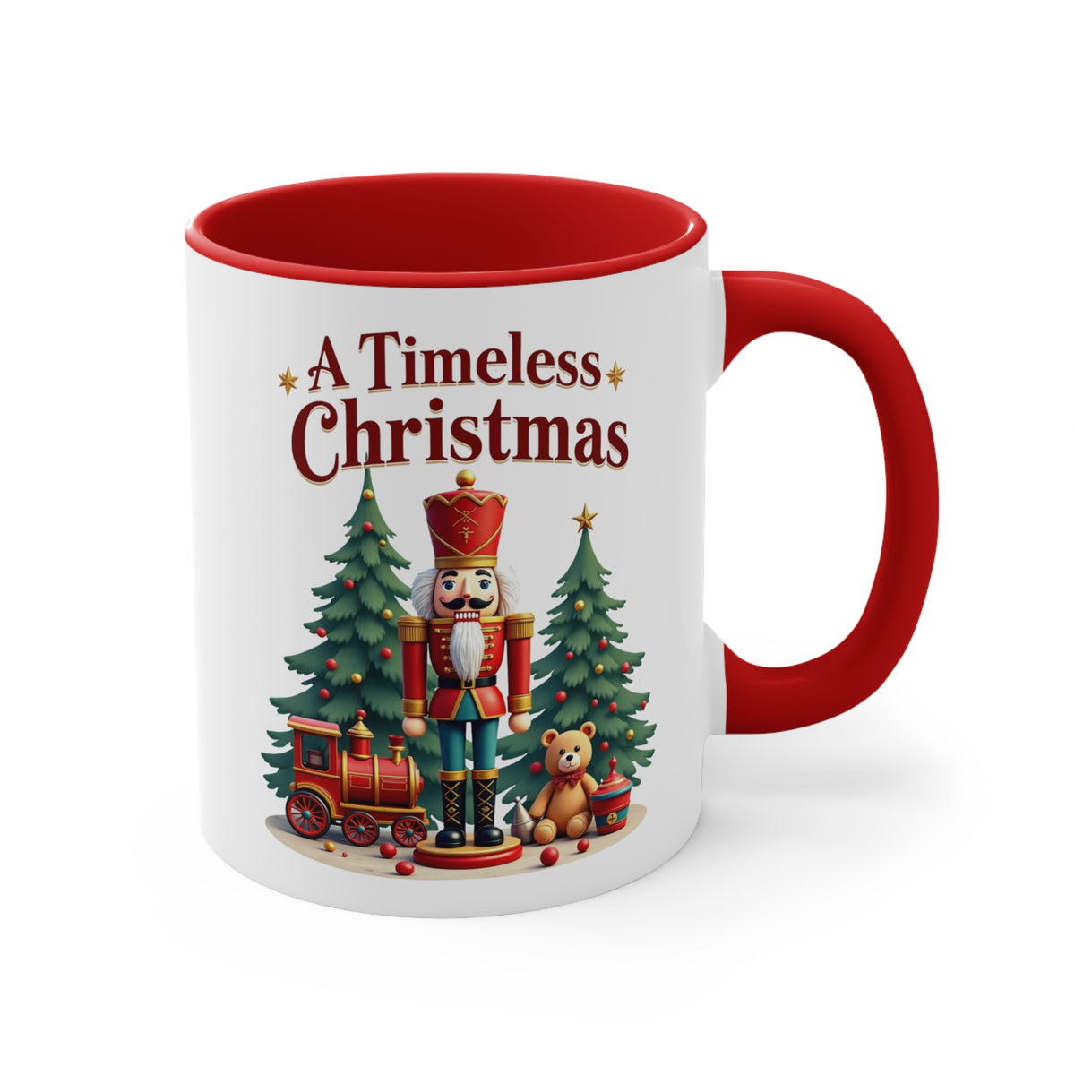 Kırmızı kulplu ve kırmızı iç yüzeyli, üzerinde A Timeless Christmas yazısı ile fındıkkıran asker ve yılbaşı figürleri bulunan beyaz porselen kupa.