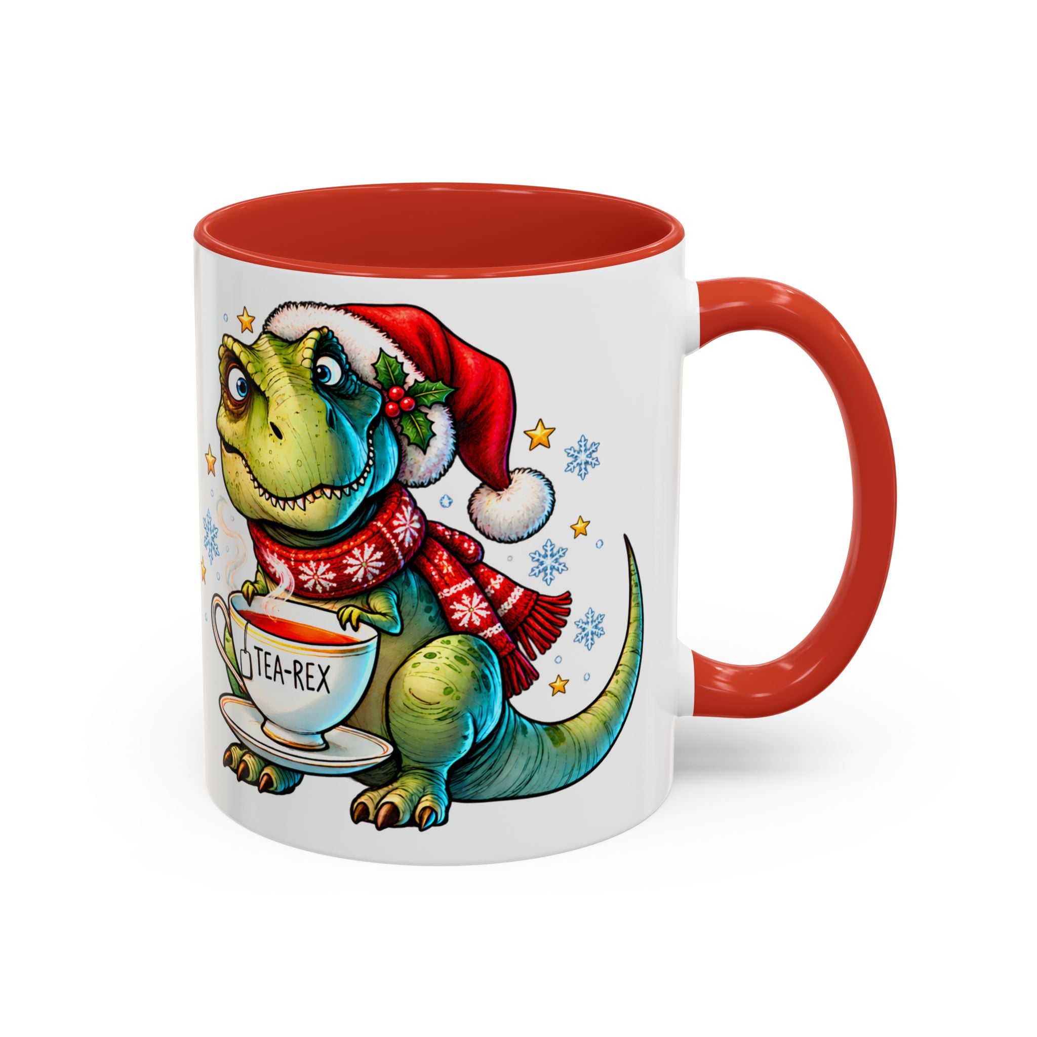 Noel şapkası ve kar tanesi desenli kırmızı atkısıyla çay tutan Tea-Rex dinozor baskılı, kırmızı iç ve kırmızı kulplu 11 oz porselen yılbaşı kupası.