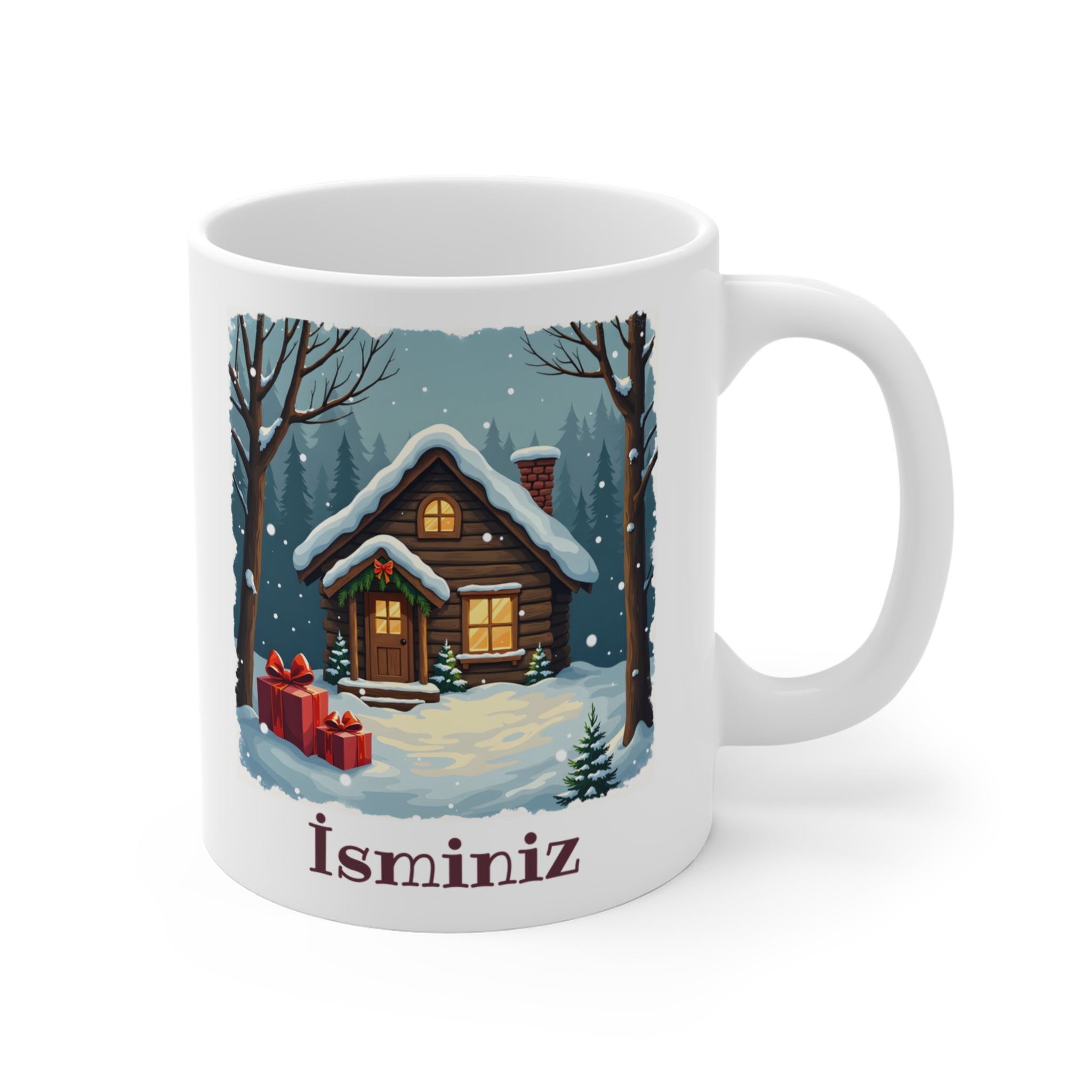 Kişiye Özel Yılbaşı Kütük Ev Tasarımlı Porselen Kupa