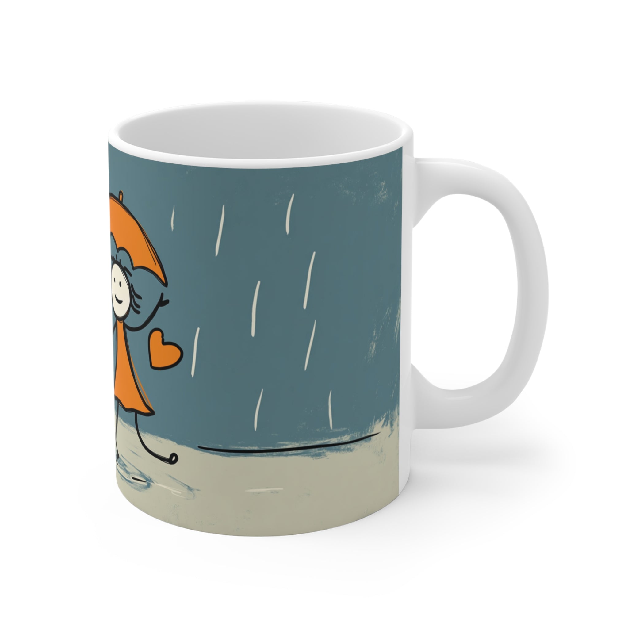 Şemsiyeli Çocuklar Desenli Kupa – Yağmurda Mutluluk Temalı Porselen Kupa