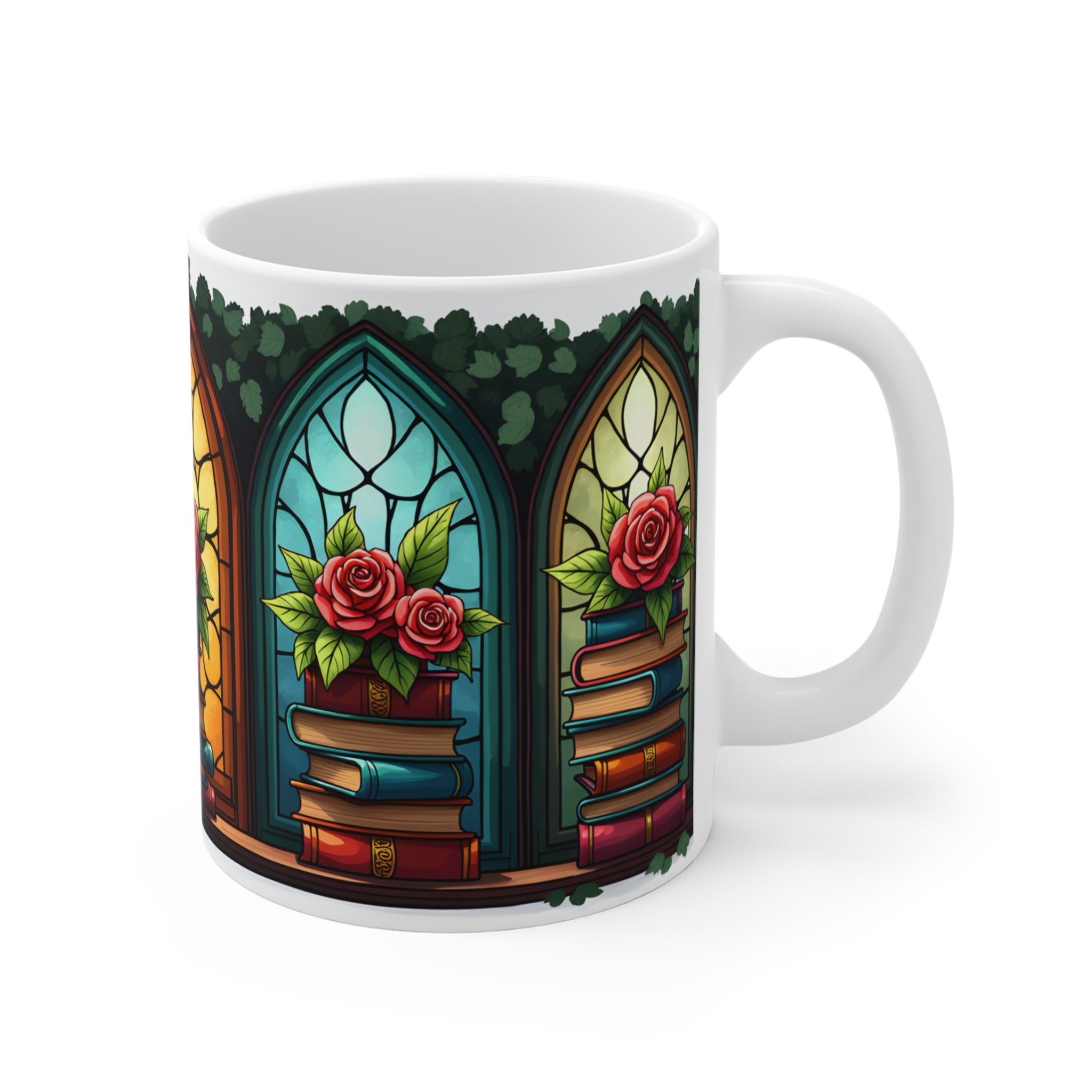 Stained Glass Kitap & Gül Desenli Porselen Kupa – Book Lover Kahve Kupası