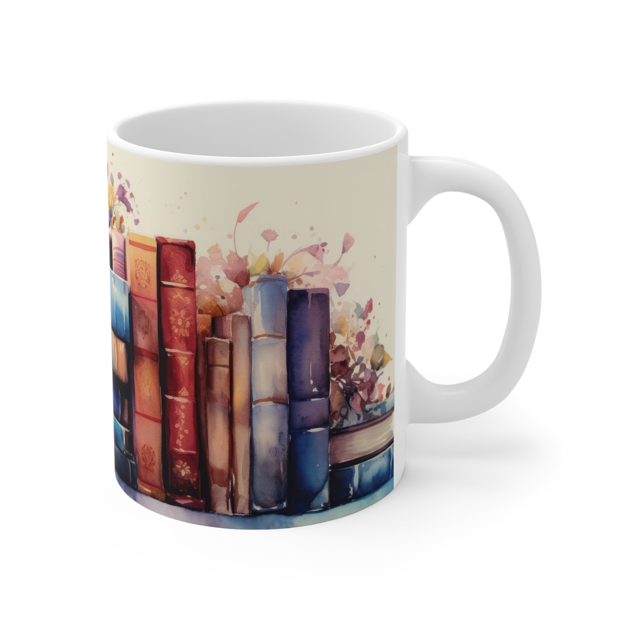 “Colorful Bookshelf” Porselen Kupa – Kitap Severlere Özel Sanatsal Tasarım