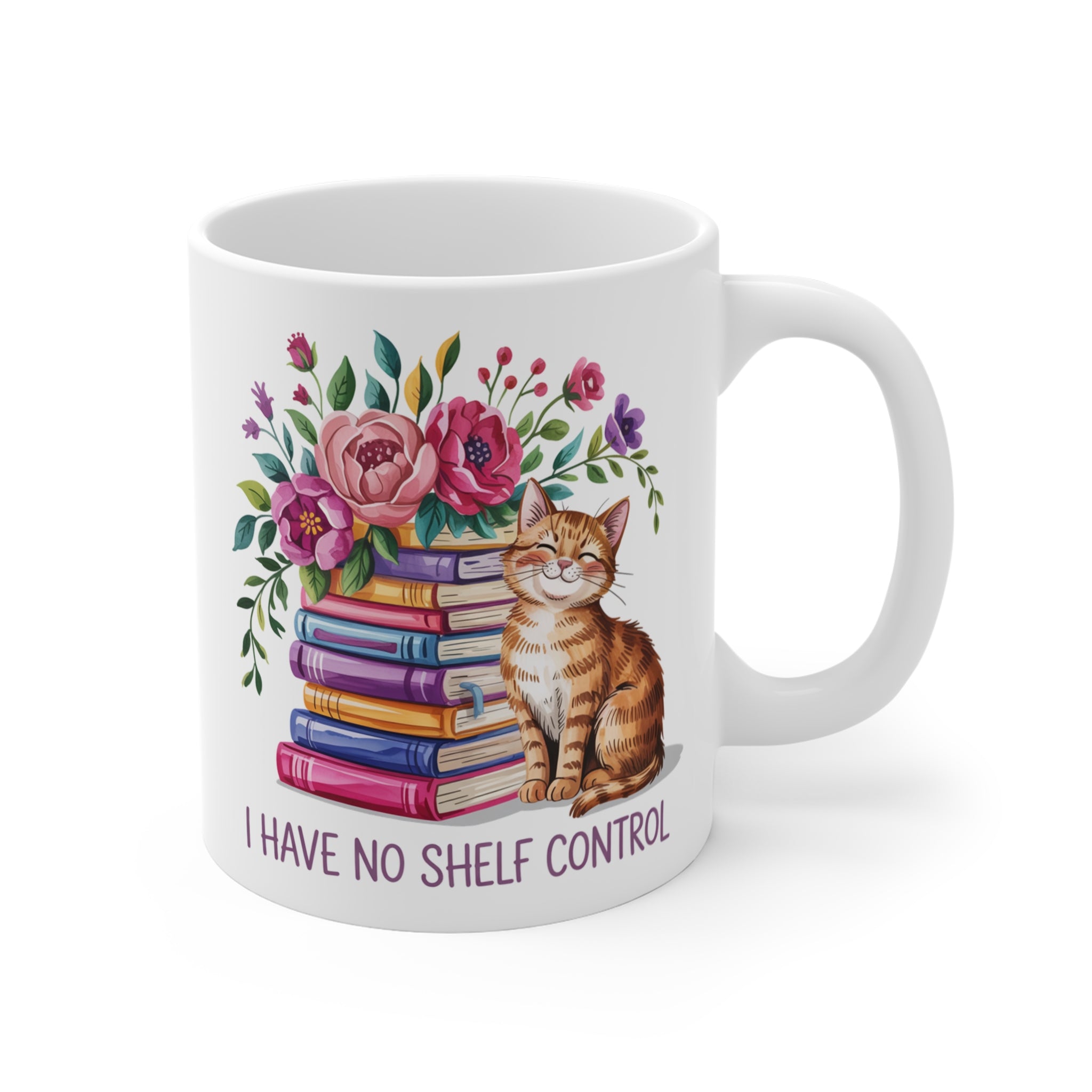 Kedi ve Kitap Temalı Porselen Kupa – “I Have No Shelf Control” Yazılı Eğlenceli Tasarım