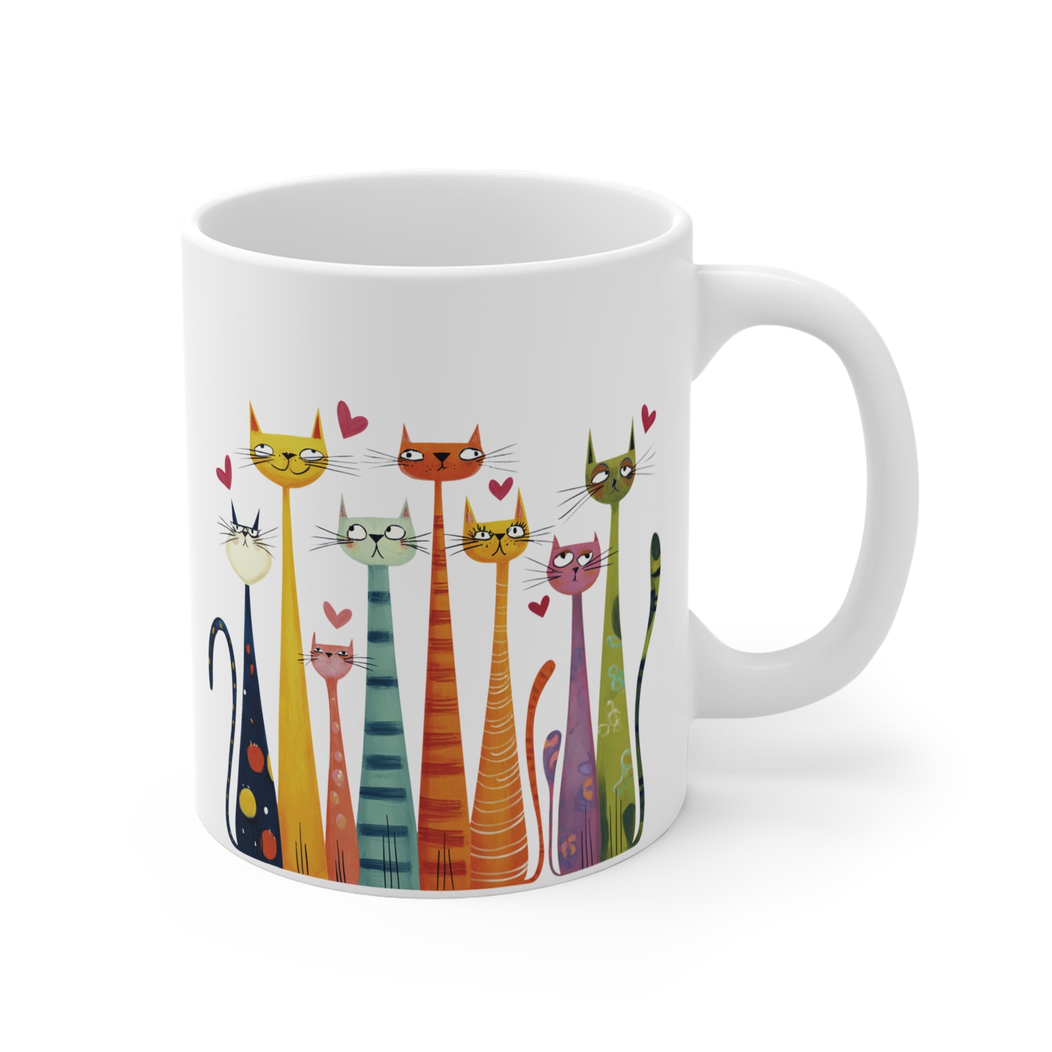 Renkli Uzun Kediler Kupa – Sevimli Kedi İllüstrasyonlu Porselen Kahve Kupası