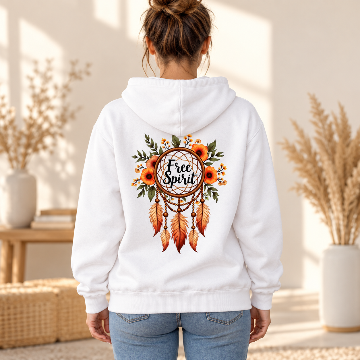 Free Spirit Arka Baskılı Kapüşonlu Kadın Sweatshirt – Beyaz, %100 Pamuk